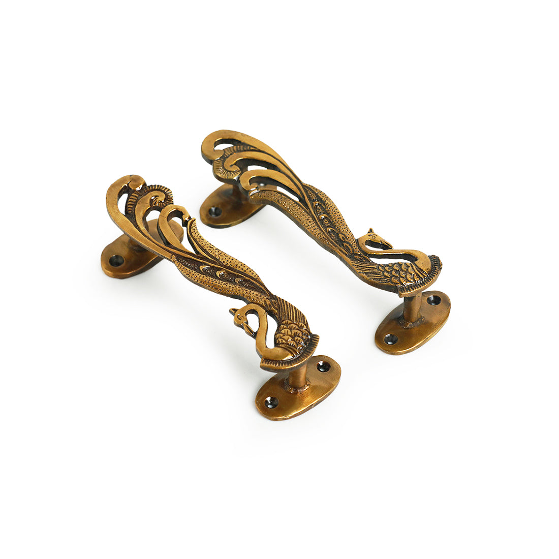 EXCLUSIVELANE 'Beautiful Peacock Pair' Hand-Etched Carved Door Handle In Brass - view 2