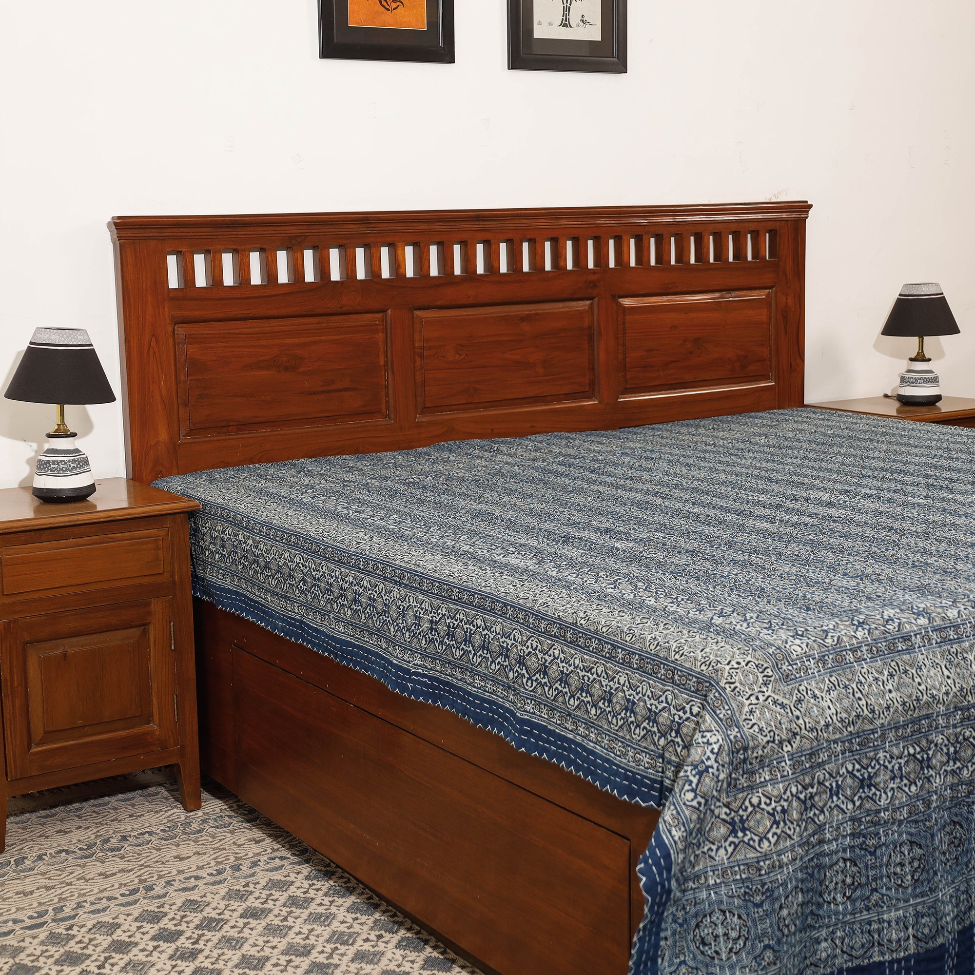 SHADES OF MARUDHARA Blue - Ajrakh Block Printed Kantha Work Cotton Double Bed Cover (105 x 90 in)