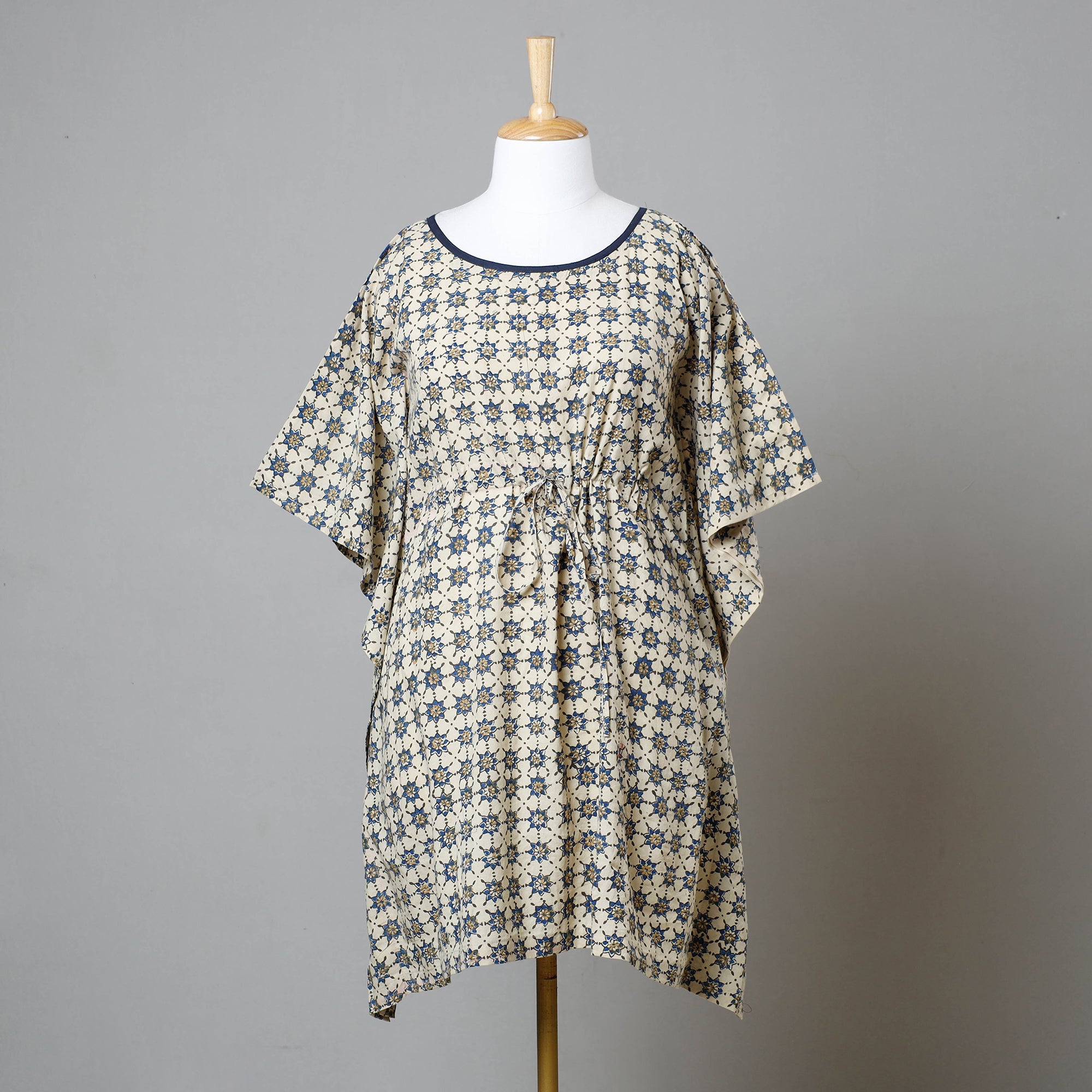 ITOKRI CASUALS Beige - Ajrakh Block Printed Cotton Kaftan with Tie-Up Waist (Medium)