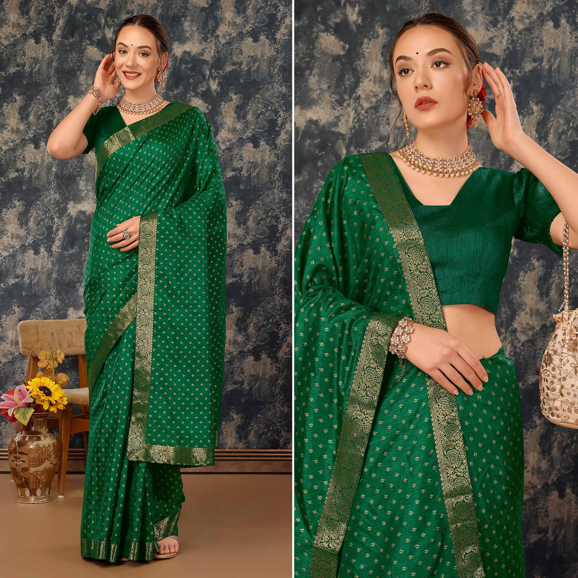 Green sarees – BlackTree green-floral-foil-printed-vichitra-silk-saree-with-lace-border