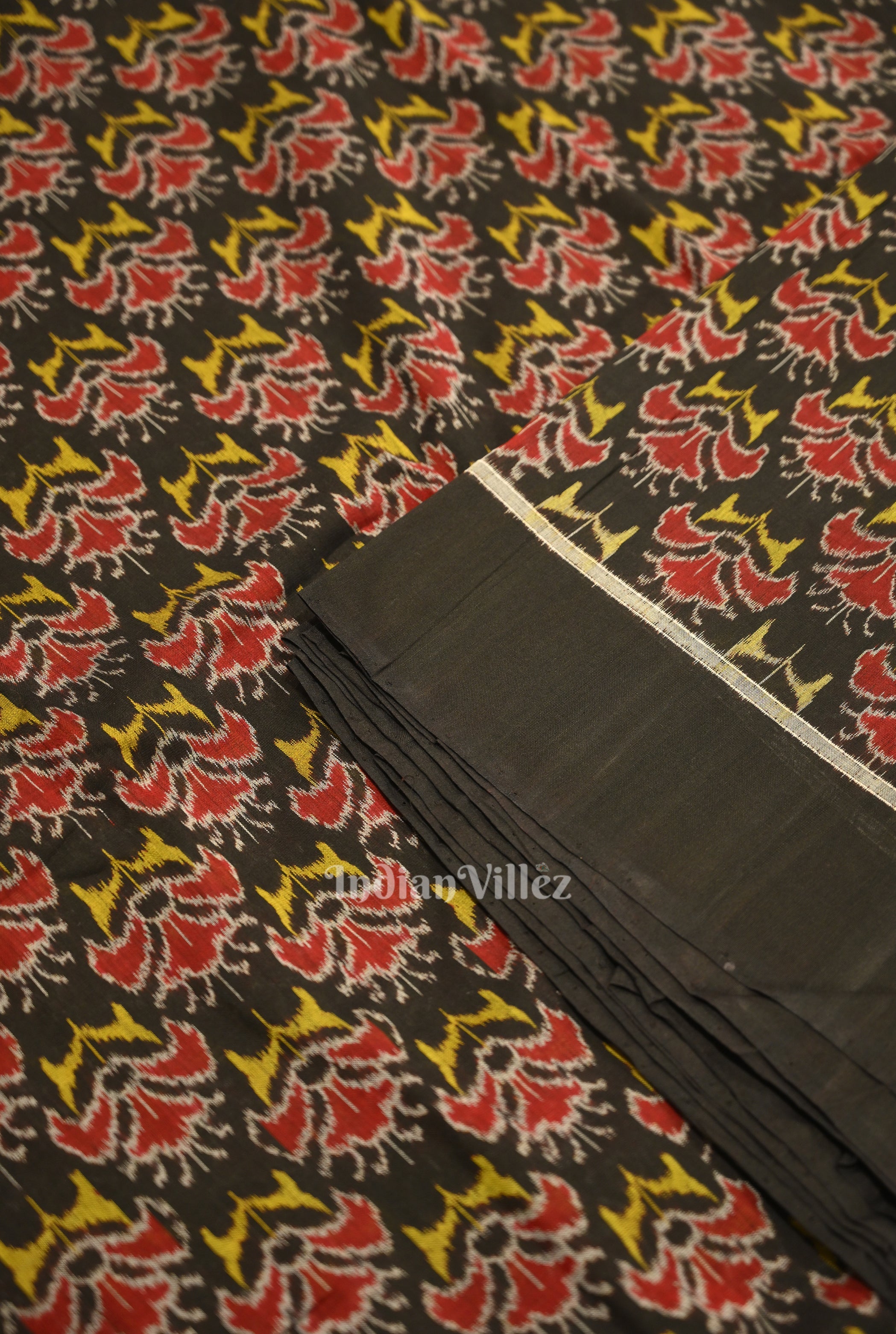 IndianVillèz Black Floral Motif Sambalpuri Ikat Cotton Fabric - view 2
