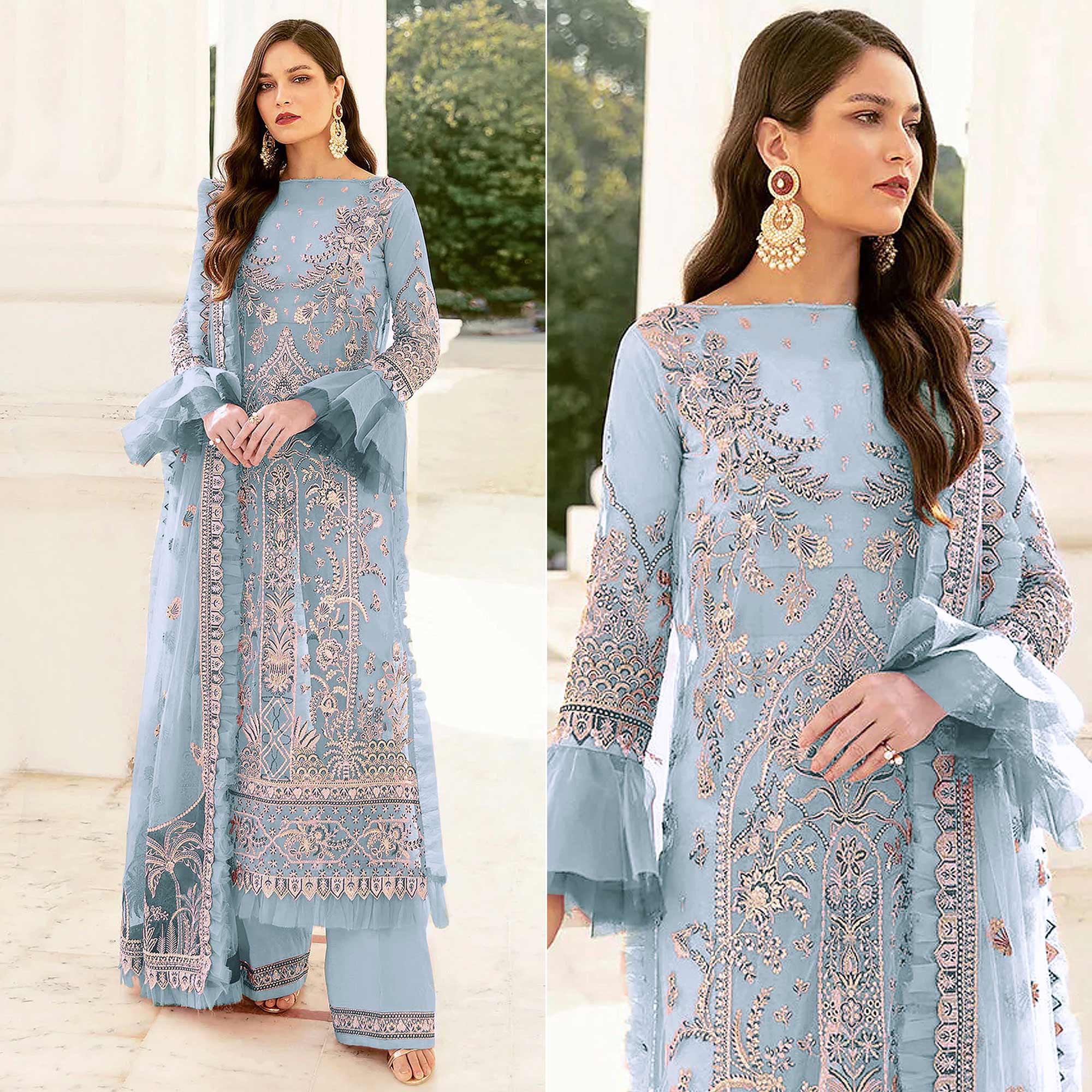 Peachmode Light Blue Embroidered Netted Pakistani Suit