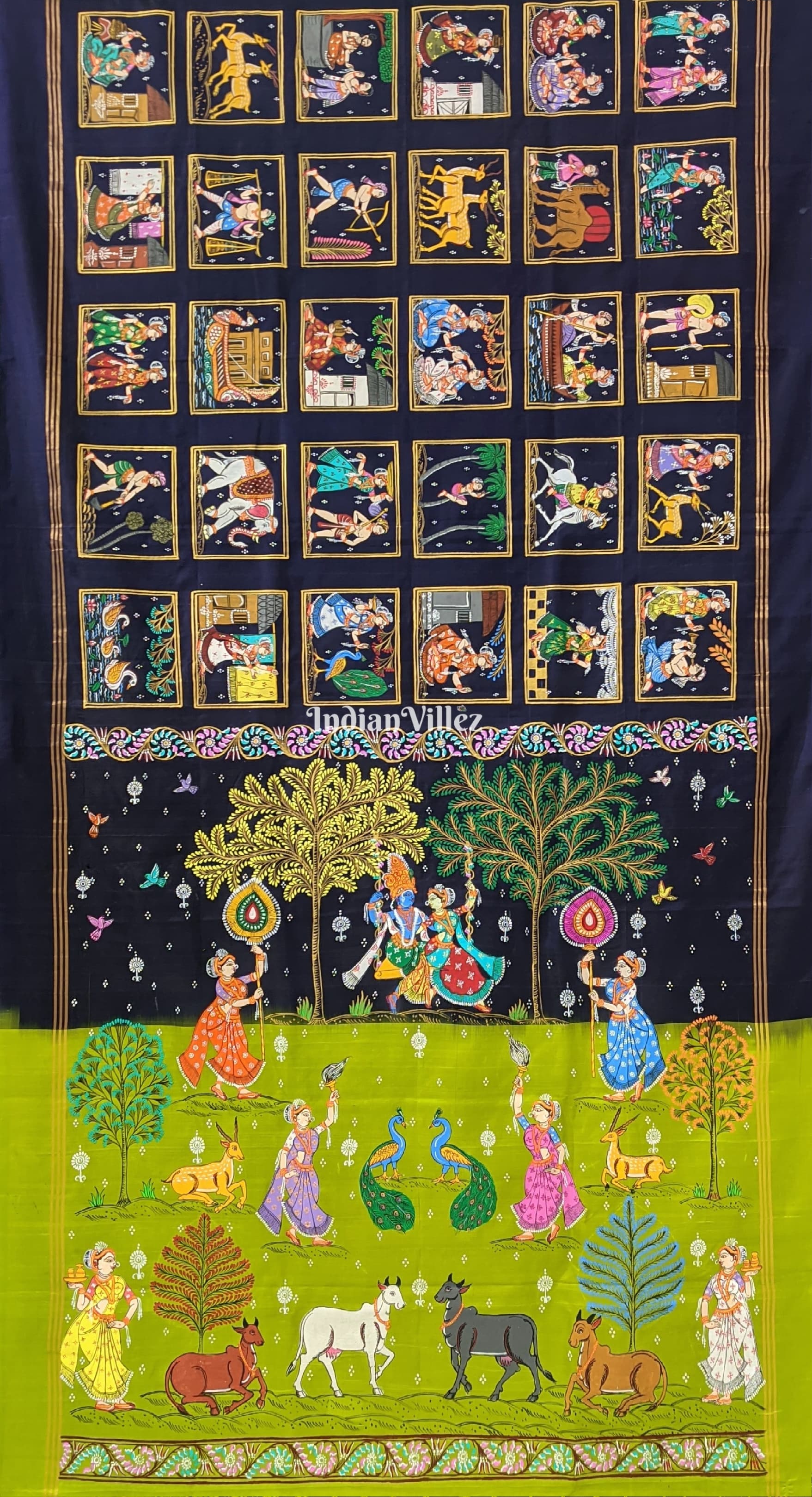IndianVillèz Navy Blue & Parrot Green Radha Krishna Village Theme Pattachitra Saree