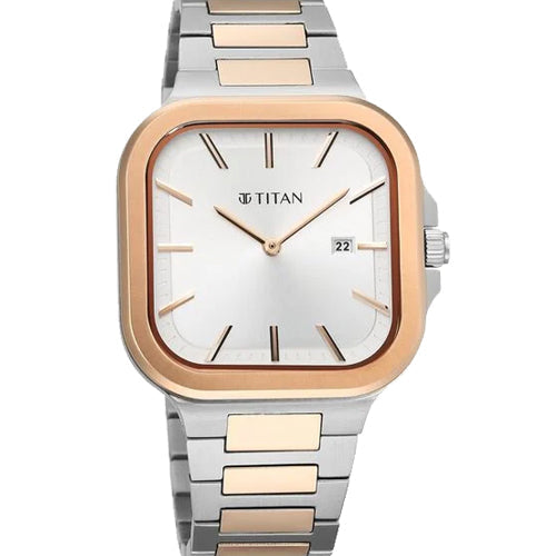 Titan Classique Slim Square Quartz Analog with Date Silver Dial Stainless Steel Strap Watch for Men 41mm 90176KM01