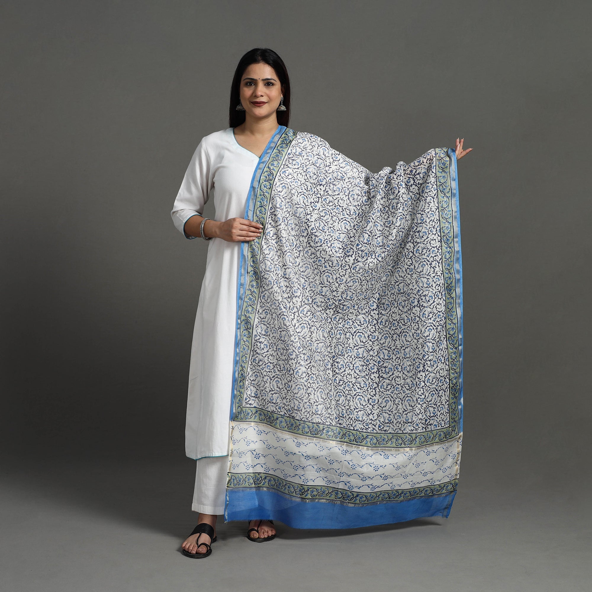 ARTISAN HAND BLOCK PRINTS Blue - Block Print Handloom Chanderi Silk Sanganeri Dupatta 03