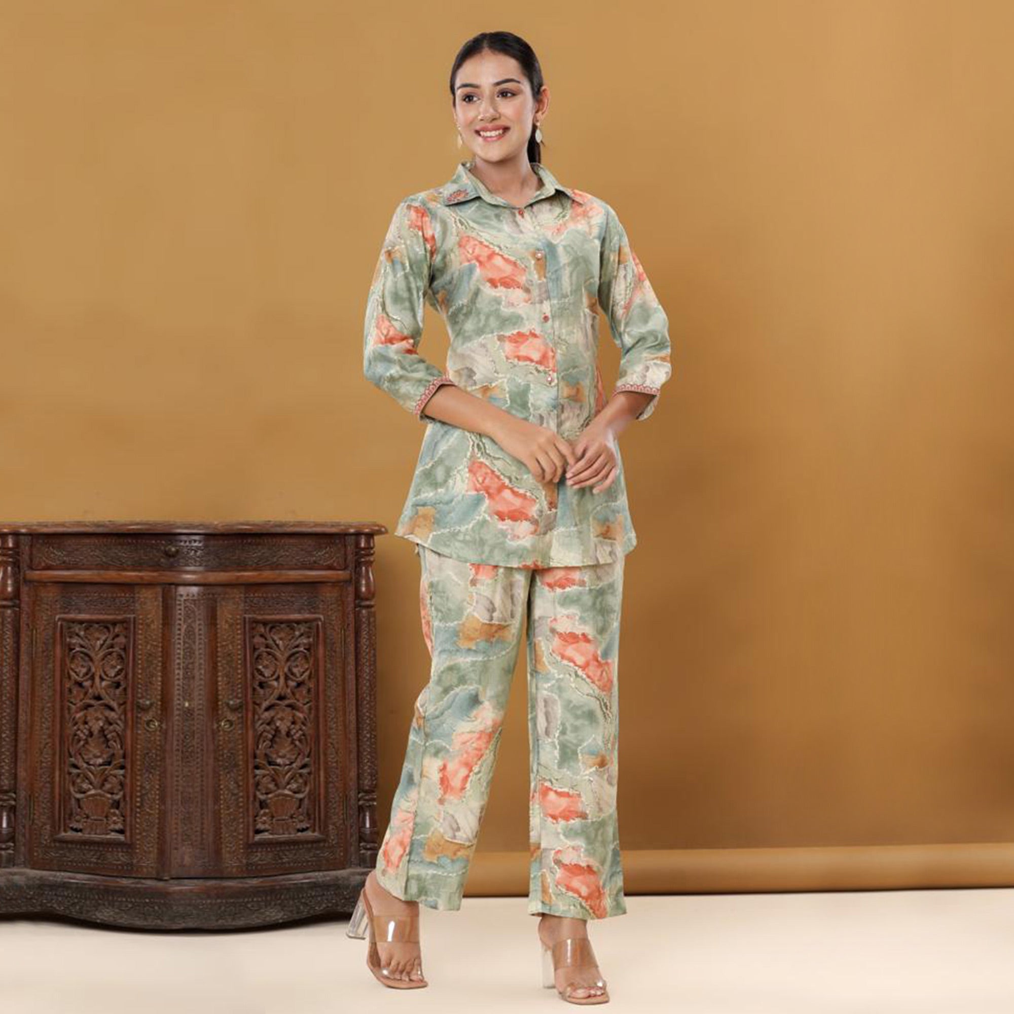 BlackTree green-printed-muslin-co-ord-set - view 2