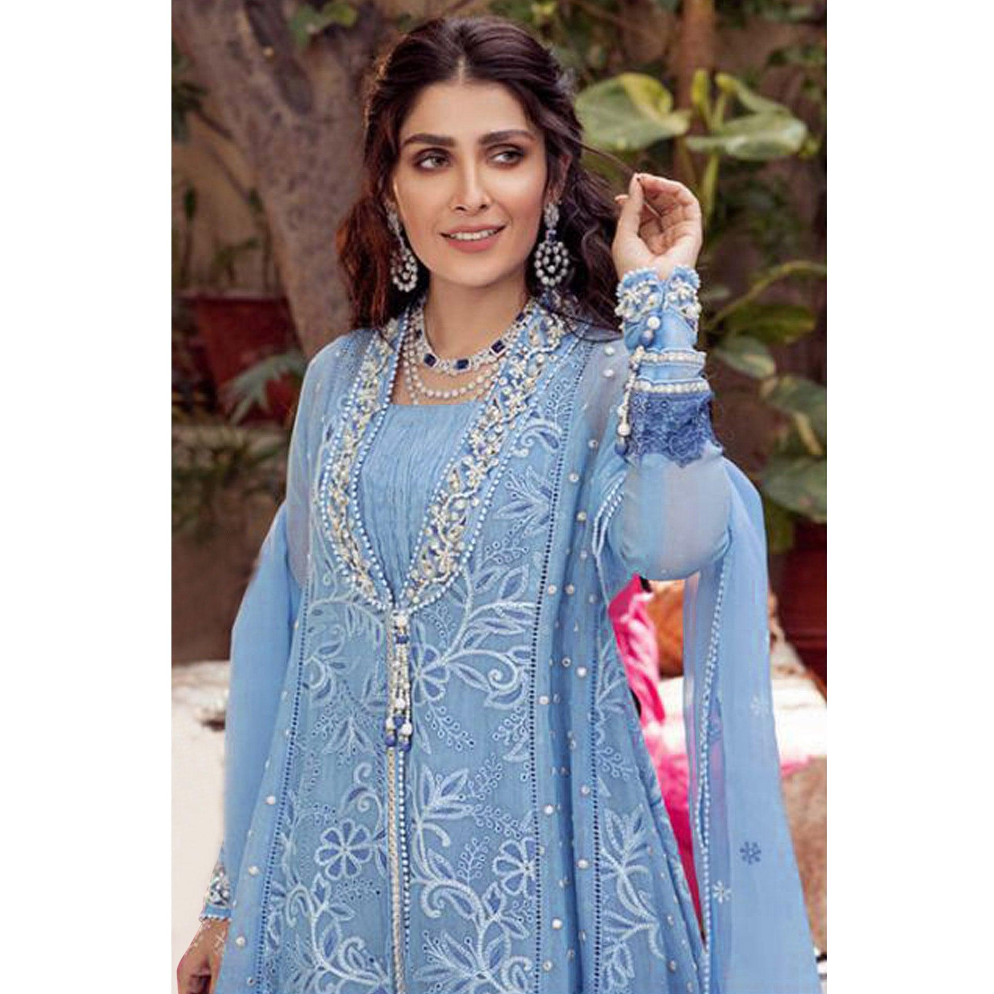 Peachmode Seller Light Blue Embroidered With Embellished Net Pakistani Suit - view 4