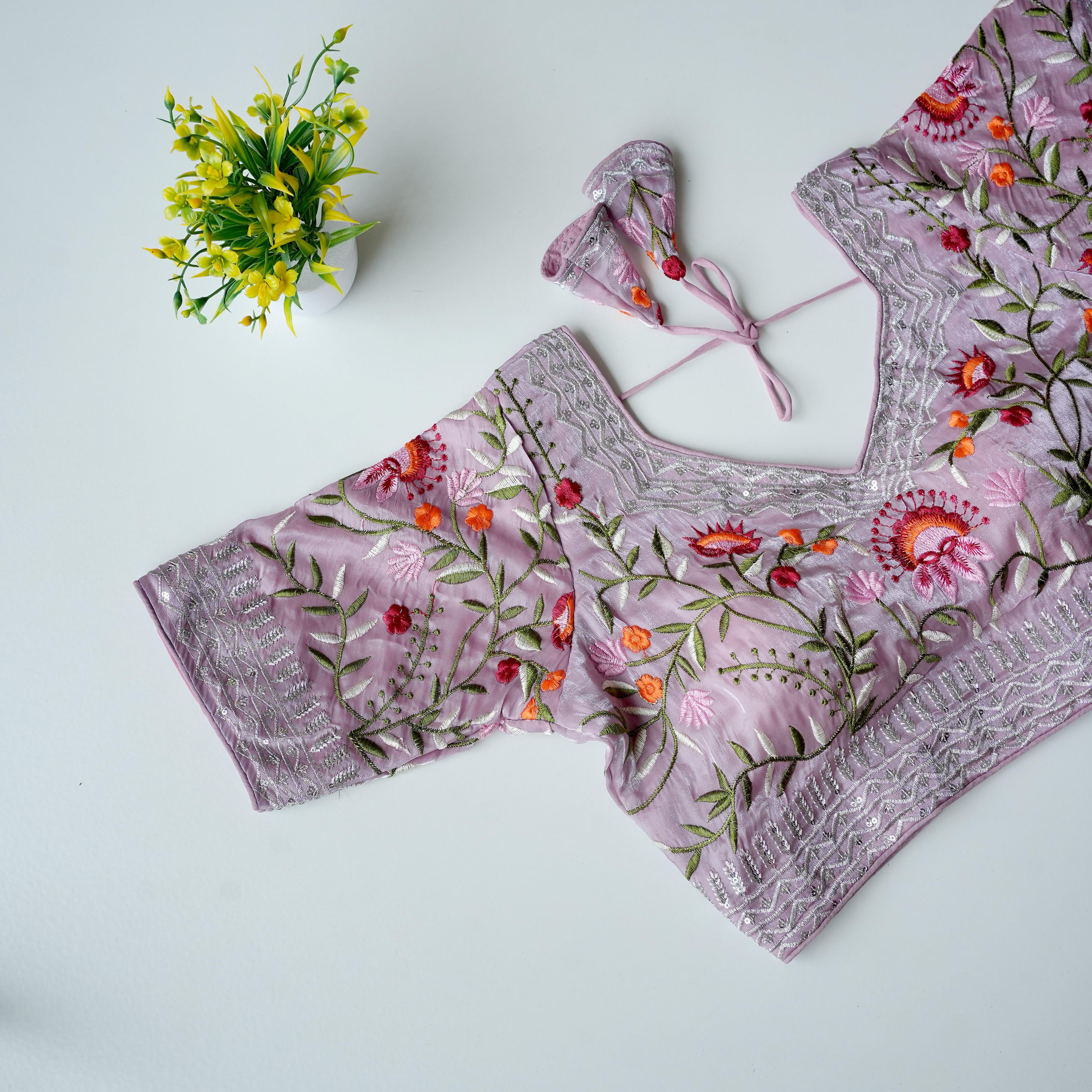 ClothsVilla Baby Pink Multi-Color Embroidered Jimmy Choo Silk Blouse