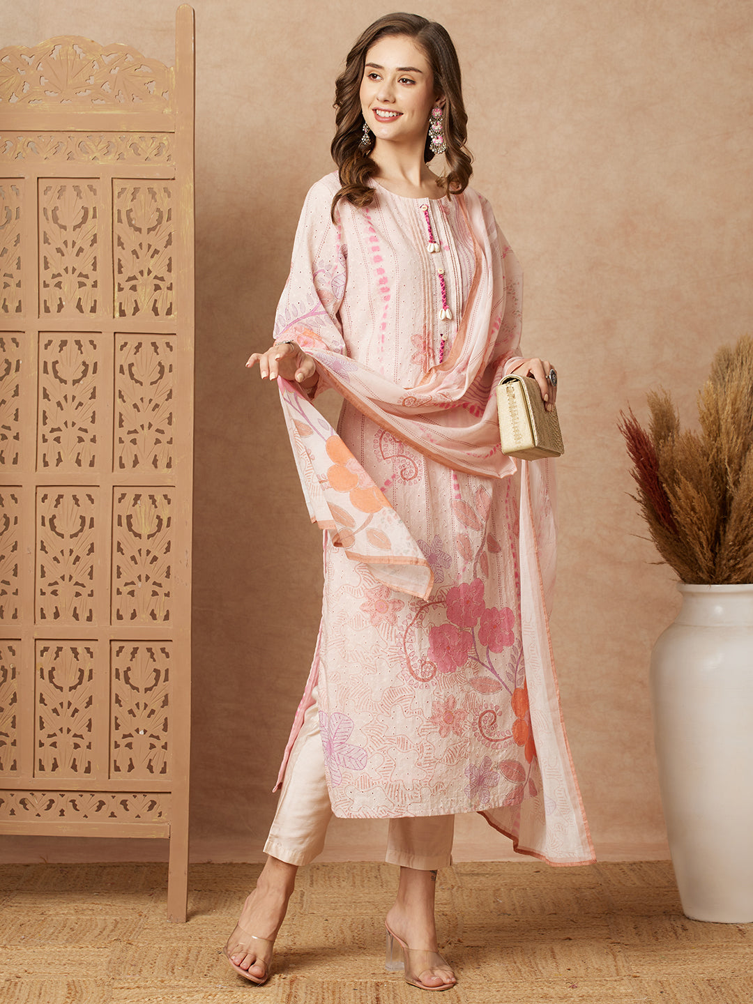 Fashor Floral Printed Straight Fit Kurta with Pant & Dupatta - Peach