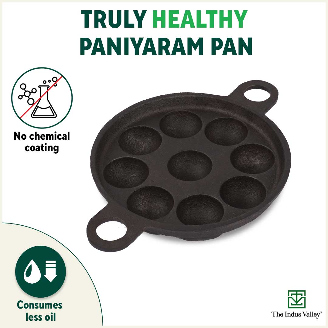The Indus Valley Super Smooth 9 Pit/Cup Cast Iron Paniyaram/Appe Pan+ Free Spatula, Pre-seasoned, Natural Nonstick, 100% Pure, Toxin-free, 21 cm, 2.8k - view 4