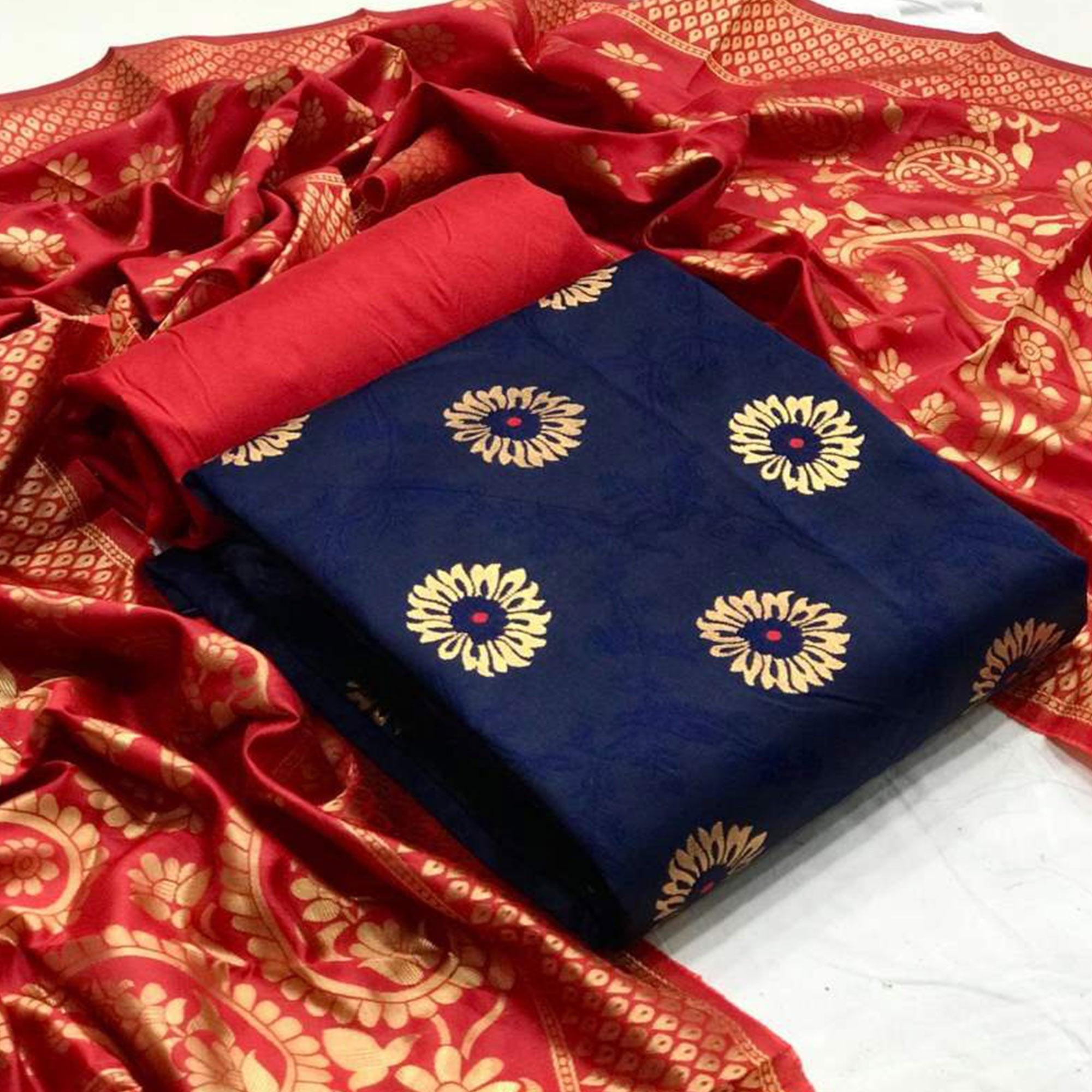 Peachmode Breathtaking Navy Blue Colored Casual Wear Banarasi Silk Dress Material