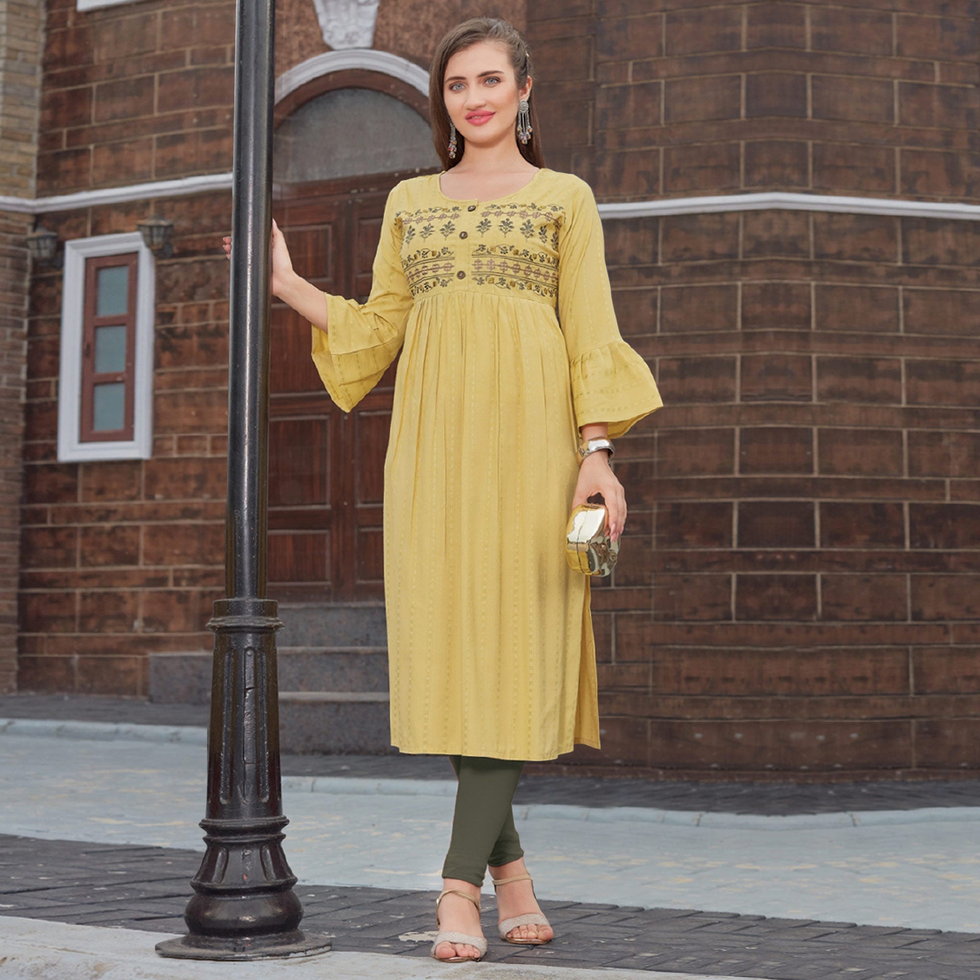 Peachmode Seller Mehendi Green Floral Embroidered Rayon Naira Cut Kurti - view 2