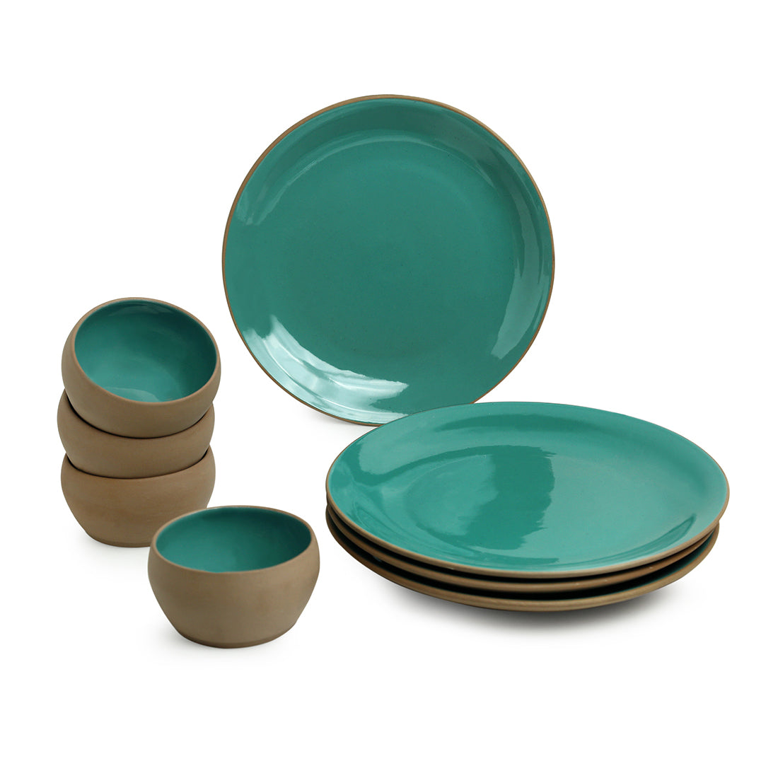 EXCLUSIVELANE 'Earthen Turquoise' Hand Glazed Dinner Plates With Katoris In Ceramic (8 Pieces, Serving for 4, Microwave Safe) - view 2