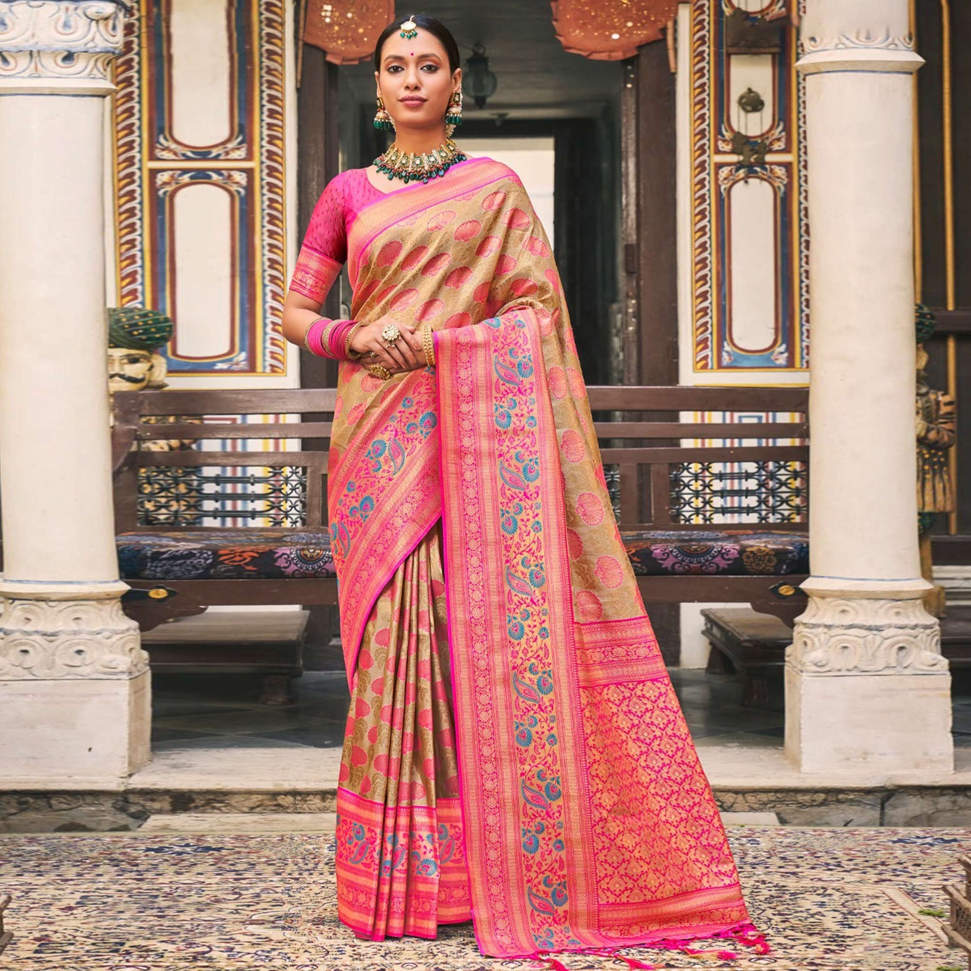 Peachmode Chikoo Woven Kanjivaram Silk Saree With Tassels
