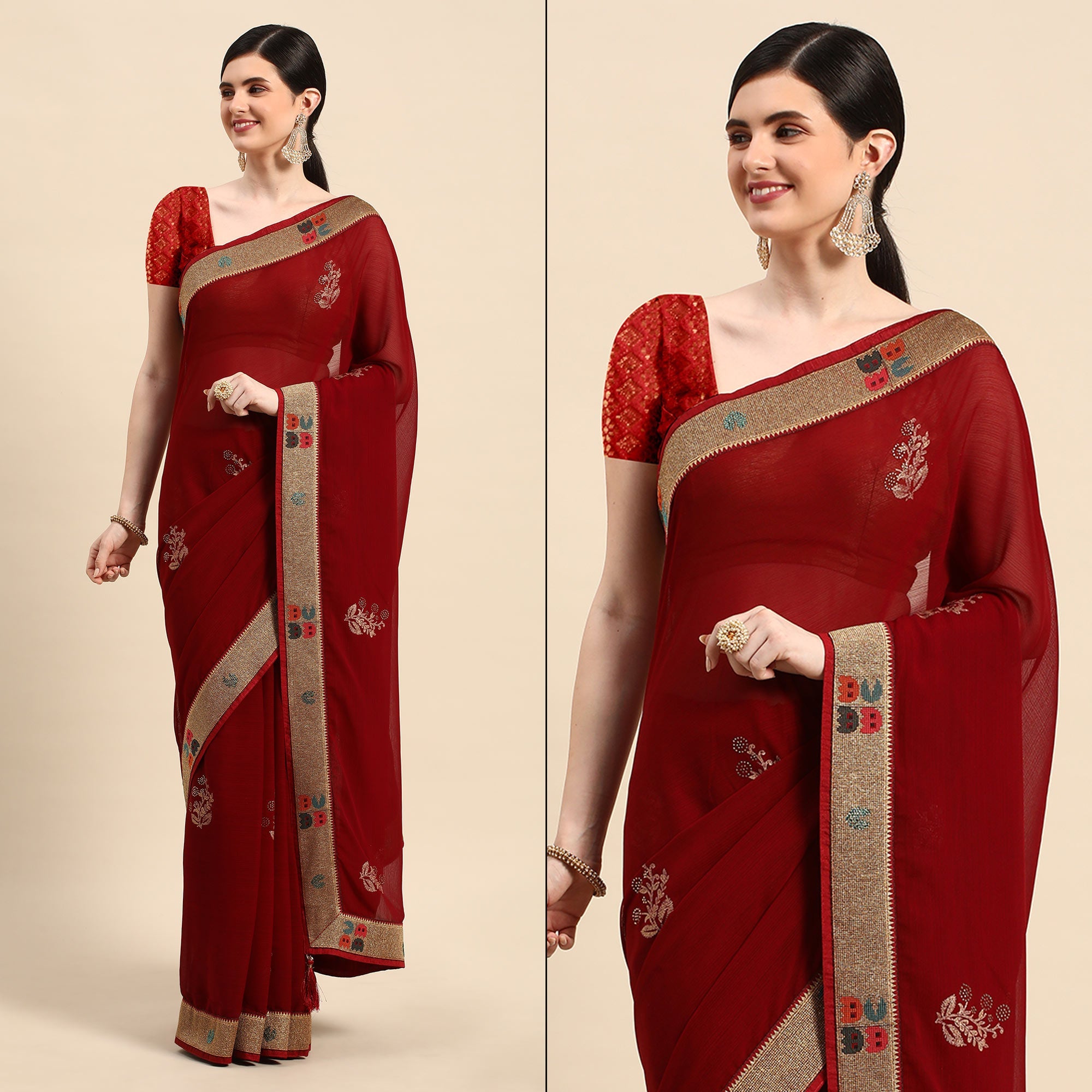 Peachmode Maroon Foil Printed With Swarovski Zomato Silk Saree