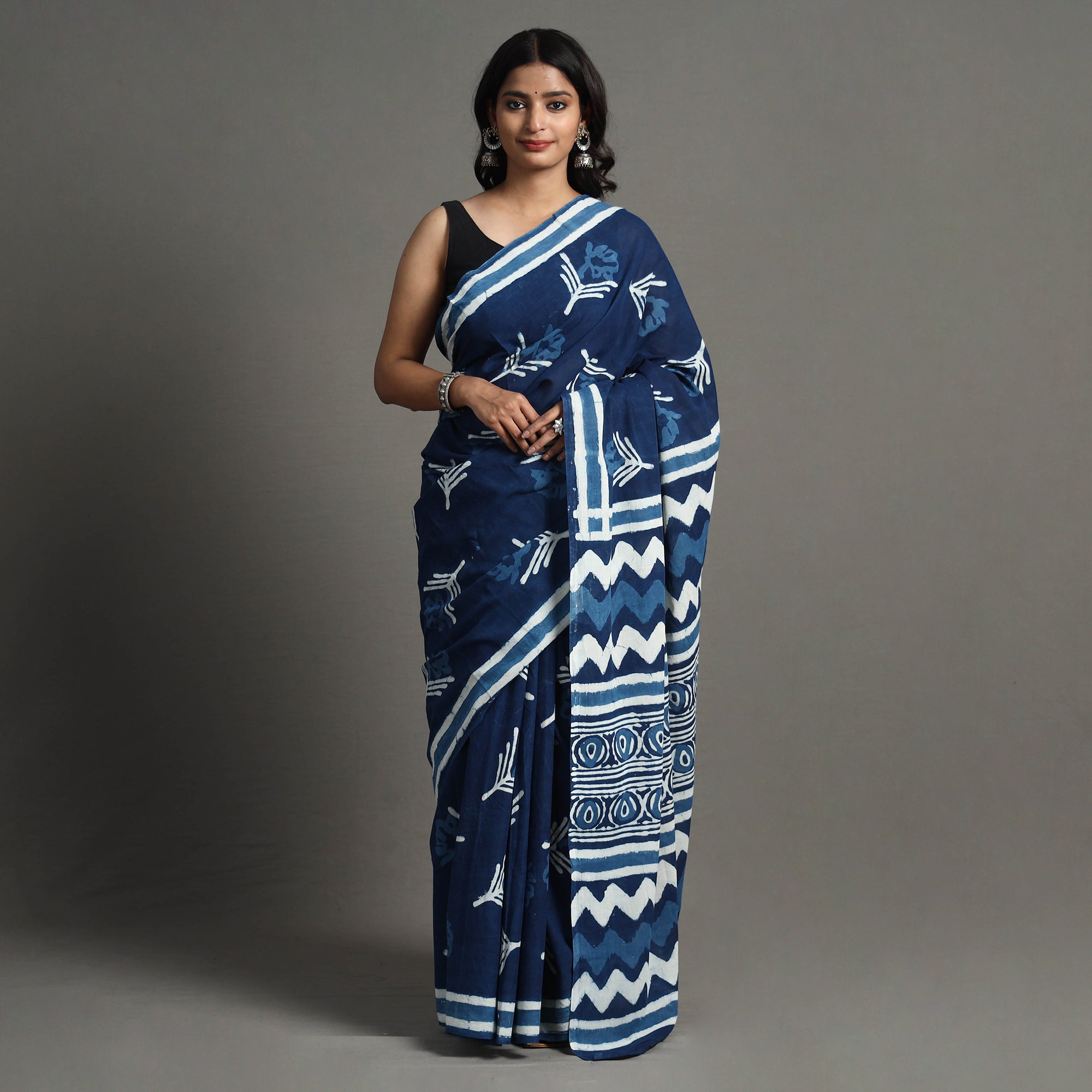 ARTISAN HAND BLOCK PRINTS Blue - Bagru Dabu Block Printed Mul Cotton Saree