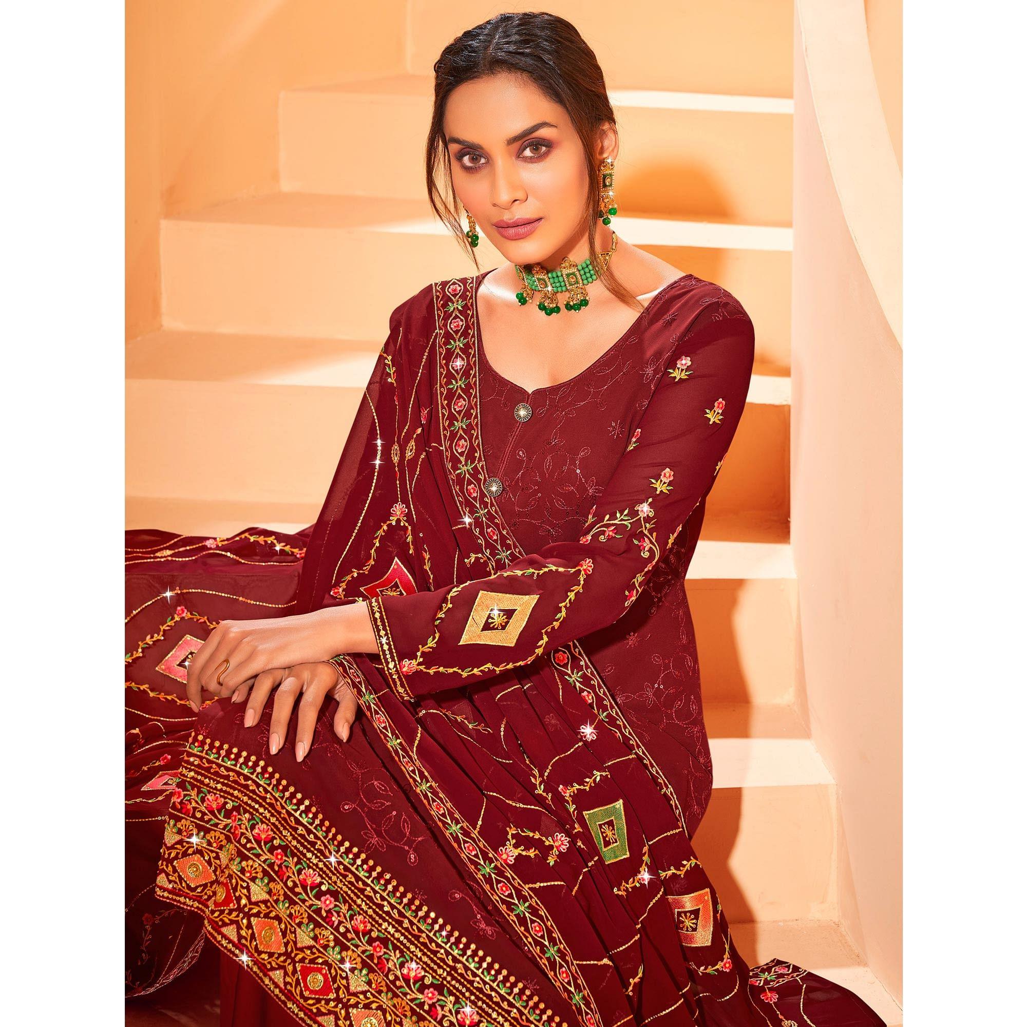 Peachmode Maroon Partywear Embellished With Embroidered Georgette Palazzo Suit - view 2