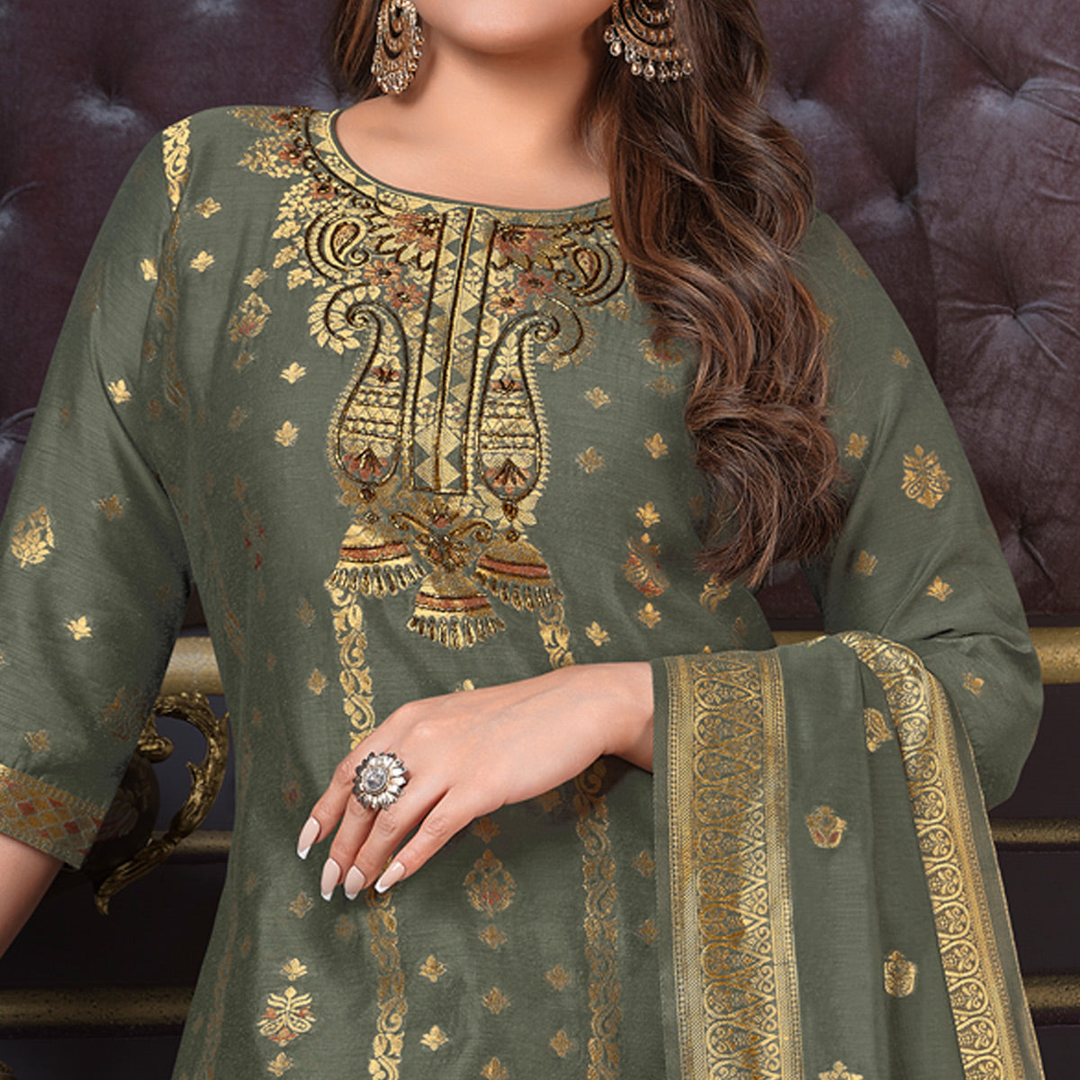 Peachmode Grey Woven Banarasi Silk Salwar Suit - view 3