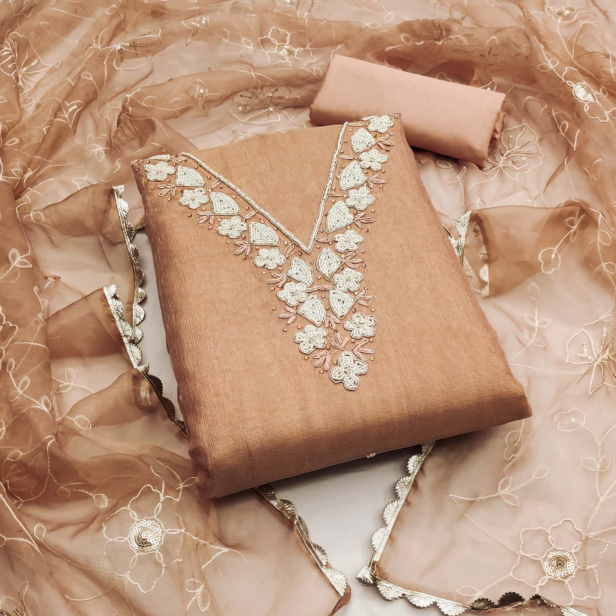 Peachmode Dusty Peach Embroidered Moti Work Pure Cotton Dress Material