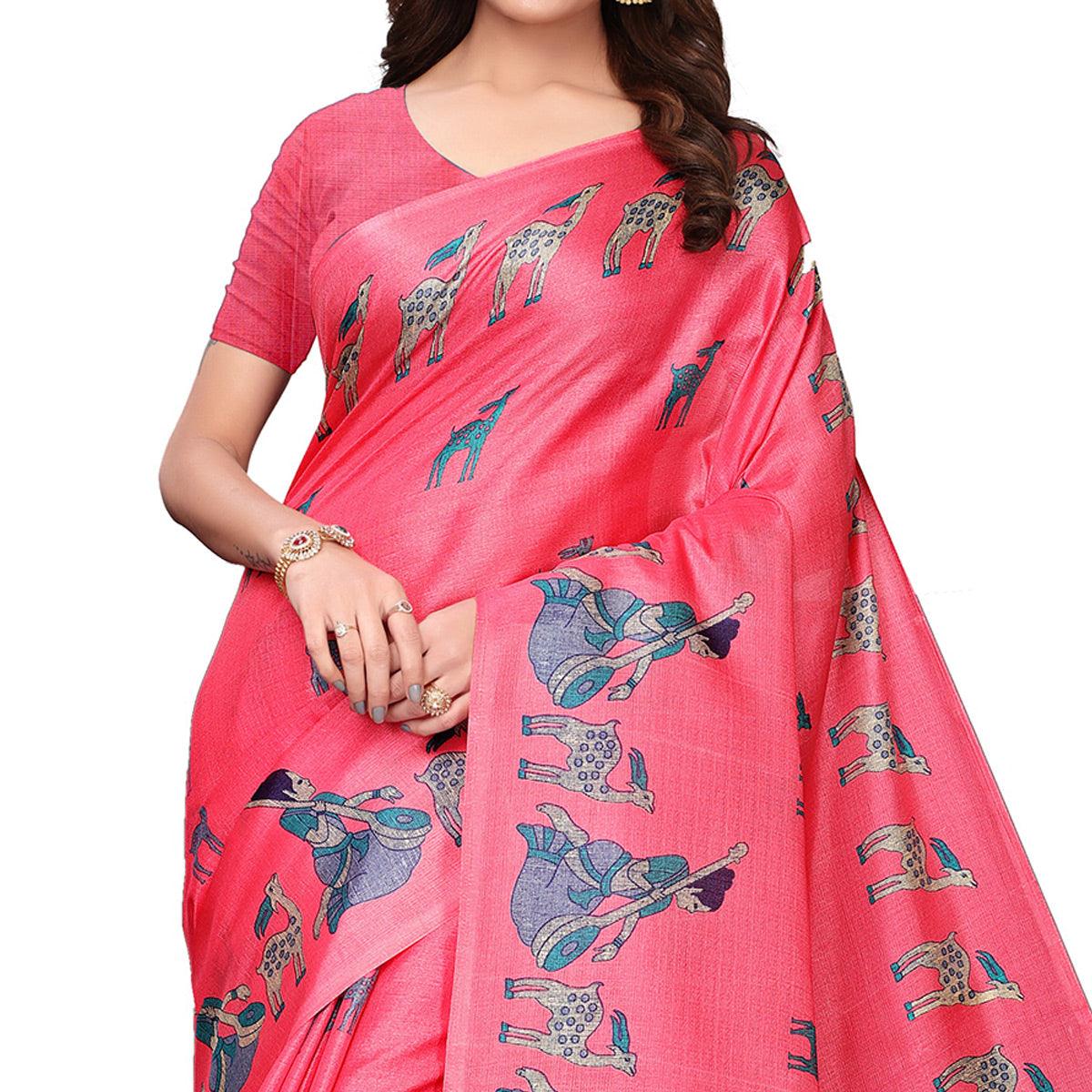 Peachmode Imposing Light Pink Colored Festive Wear Printed Art Silk Saree - view 2