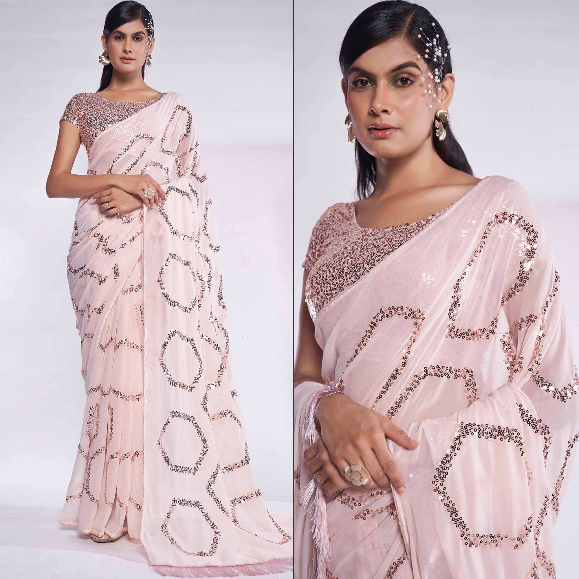 Peachmode Cream Sequins Embroidered Georgette Saree