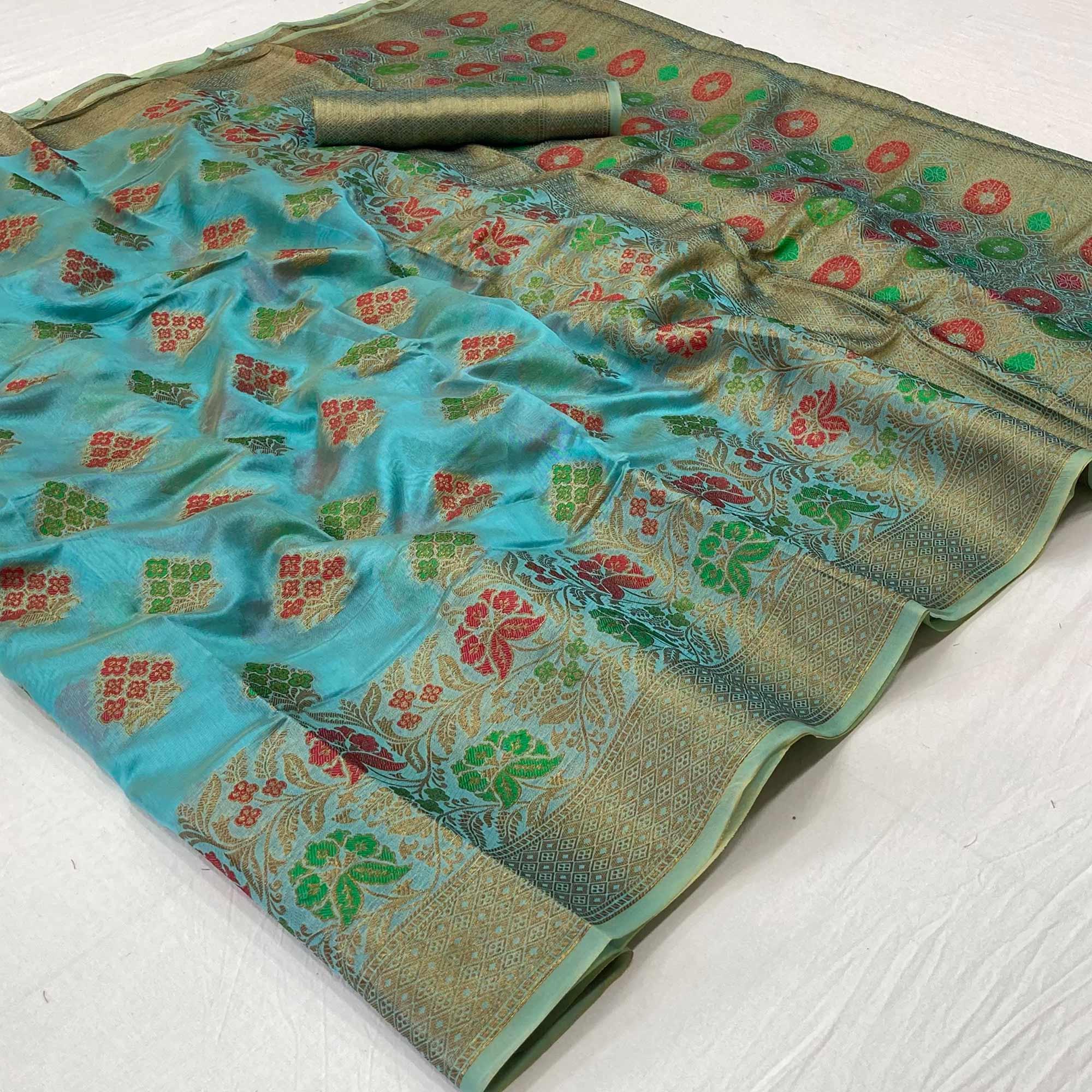 Peachmode Blue Woven Organza Saree – Women's