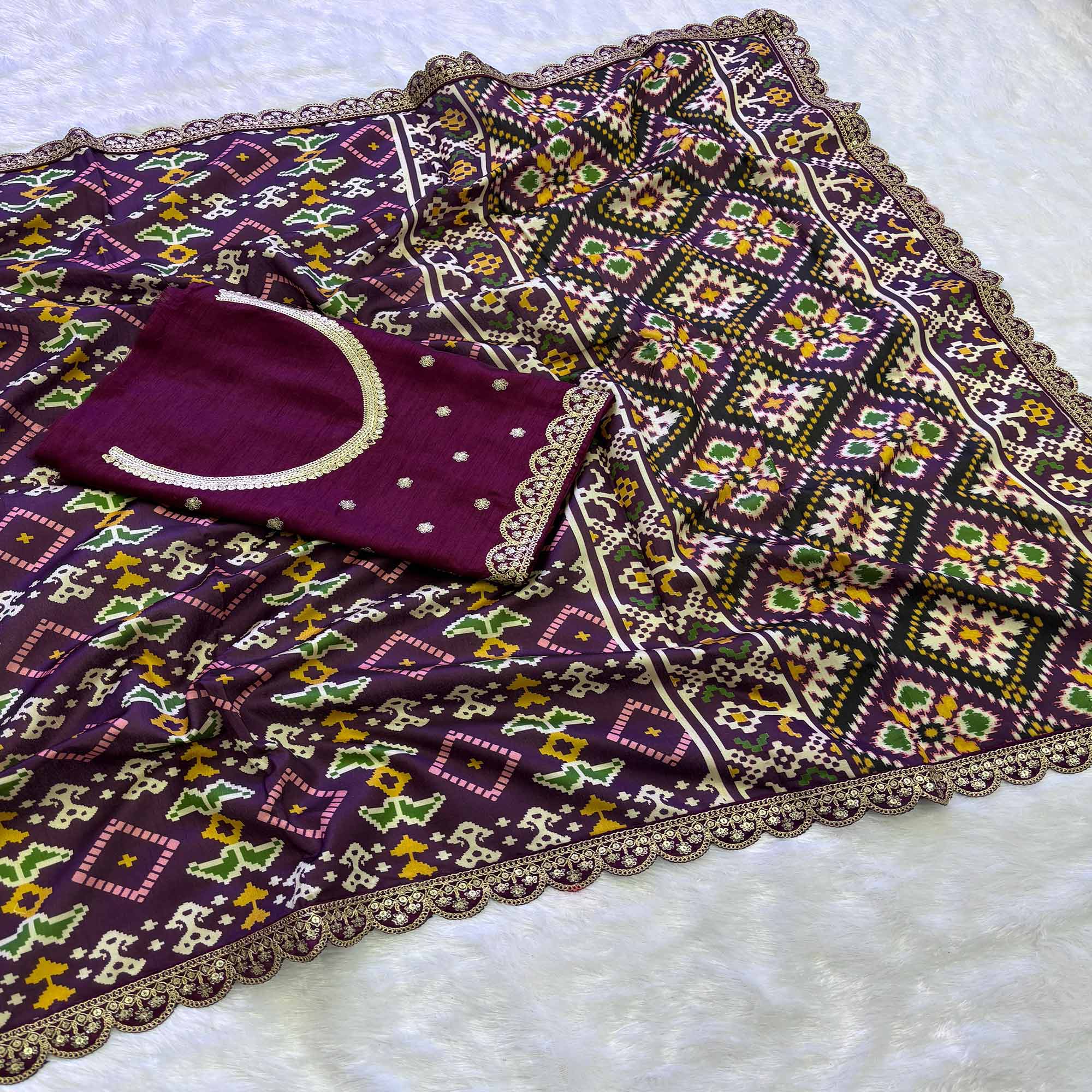 Peachmode Wine Printed Patola Tussar Silk Saree