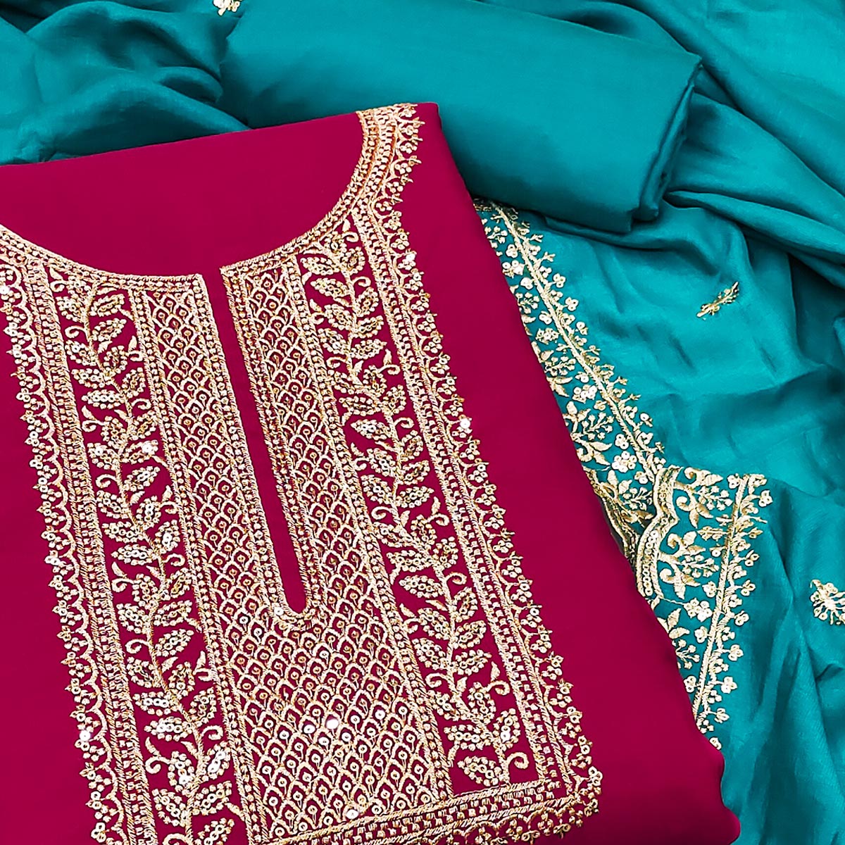 Peachmode Rani Pink Floral Sequins Embroidered Vichitra Silk Dress Material - view 2