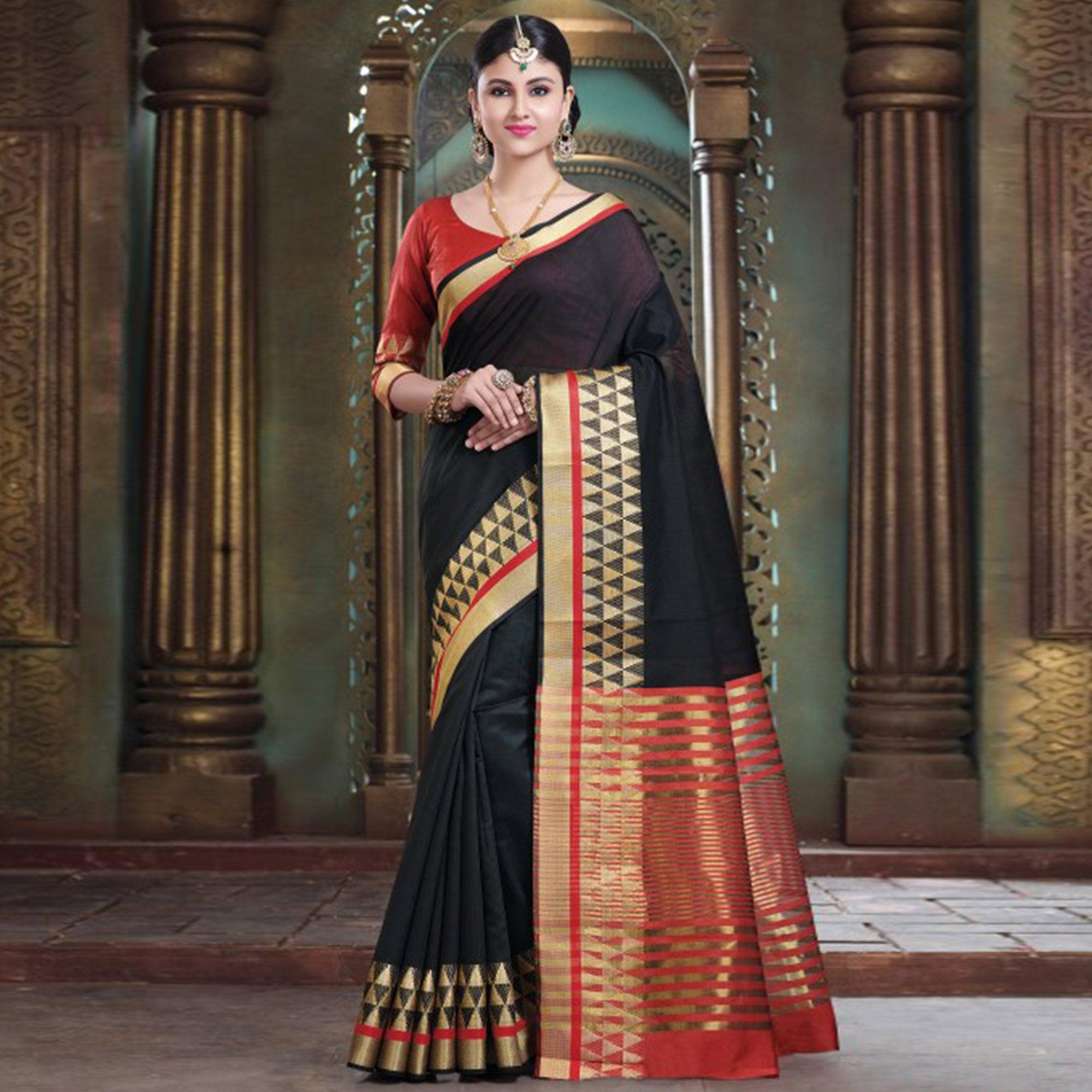 Peachmode Majesty Black Colored Festive Wear Woven Cotton Handloom Saree
