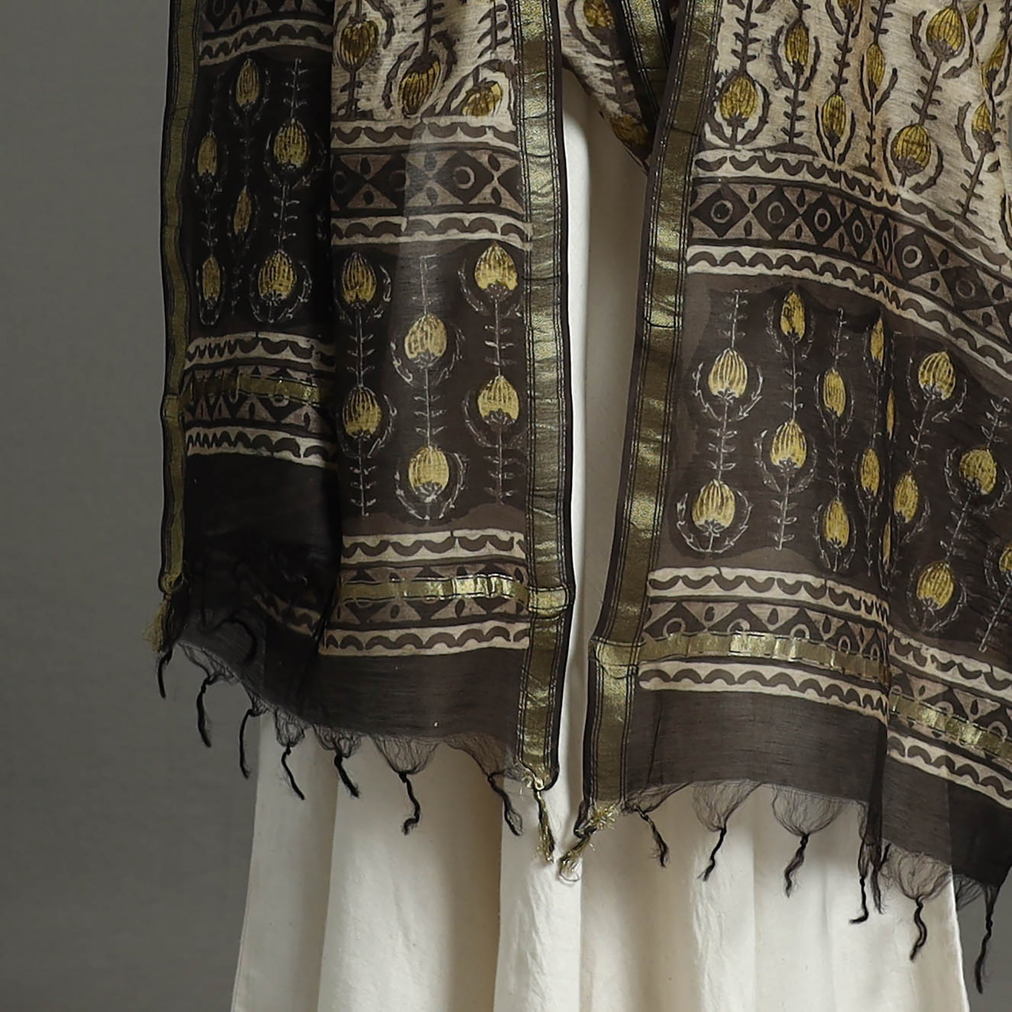 ARTISAN HAND BLOCK PRINTS Beige - Block Print Chanderi Silk Ajrakh Dabu Bagru Dupatta 08 - view 4
