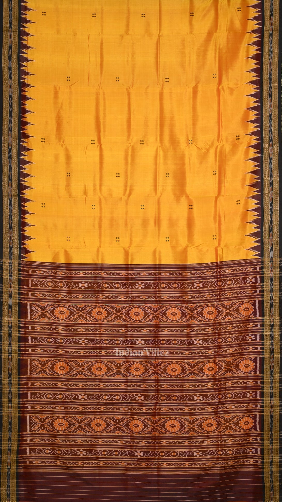 IndianVillèz Yellow Maroon Buti Odisha Ikat Khandua Silk Saree