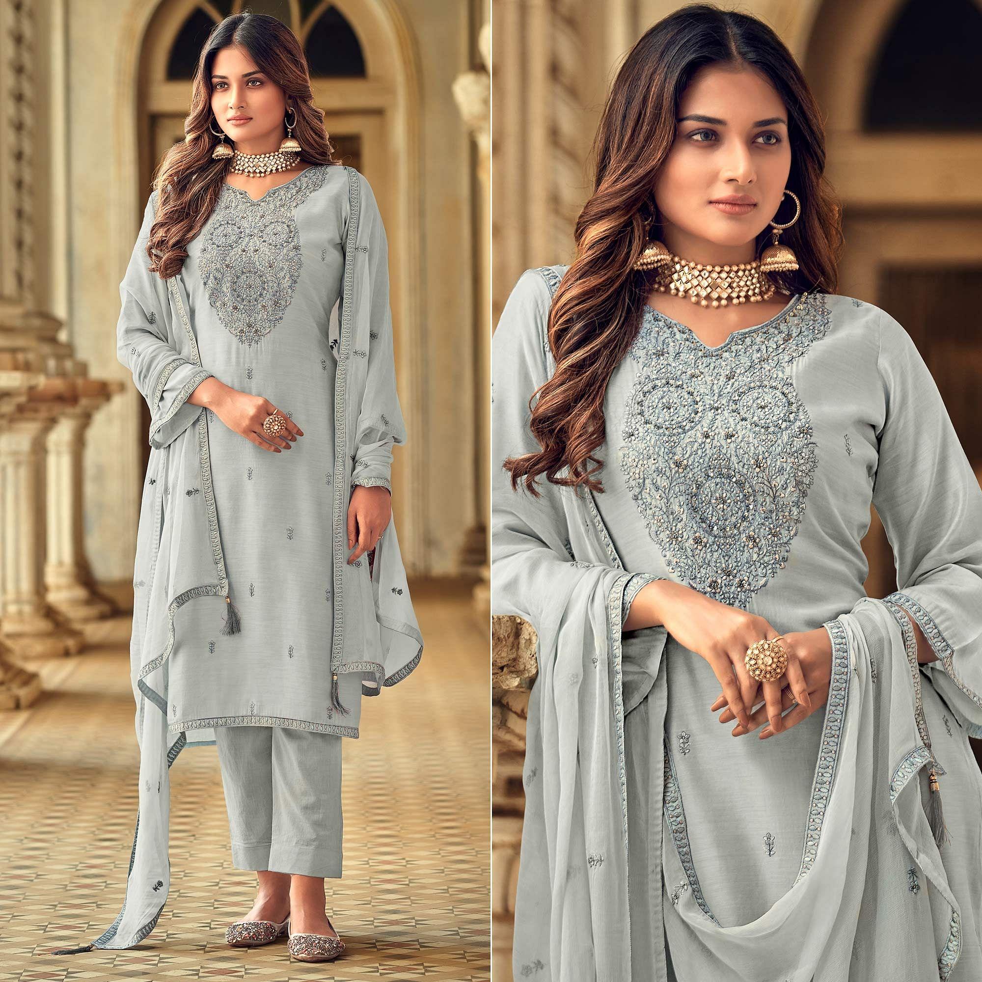 Grey suits – BlackTree grey-party-wear-embroidered-muslin-suit-140828