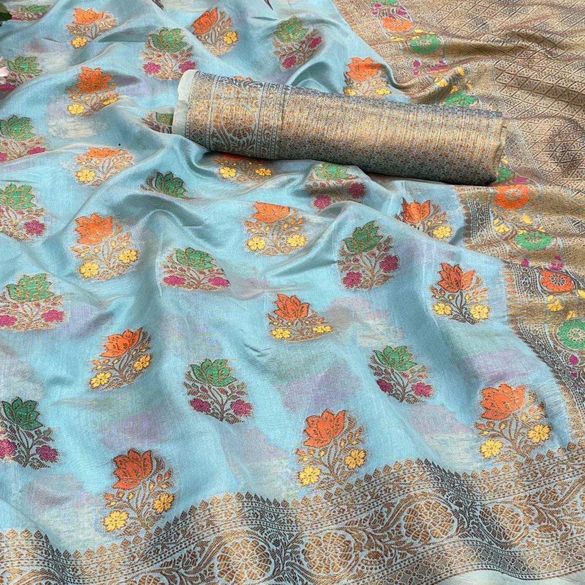 Peachmode Firozi Festive Wear Floral Woven Pure Soft Organza Saree - view 2