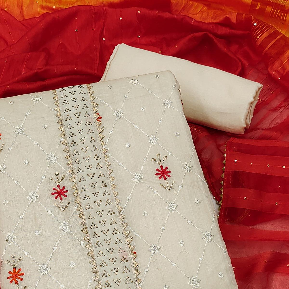 Peachmode Cream Sequins Embroidered Chanderi Dress Material - view 2