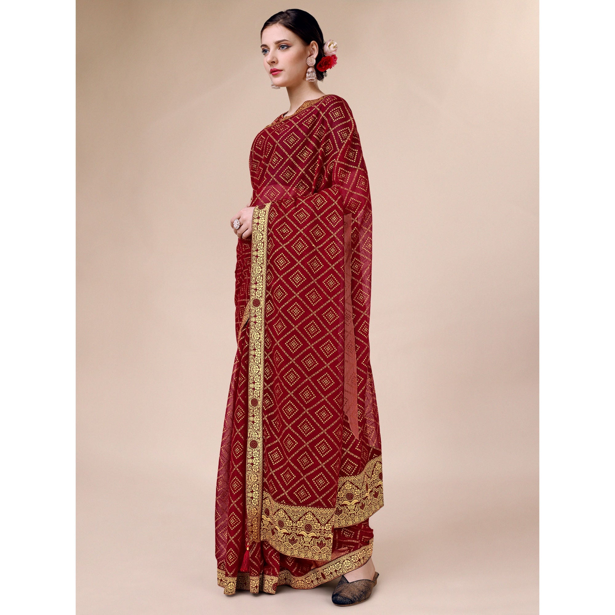 Peachmode Maroon Bandhani Foil Printed Chiffon Saree With Tassels - view 4