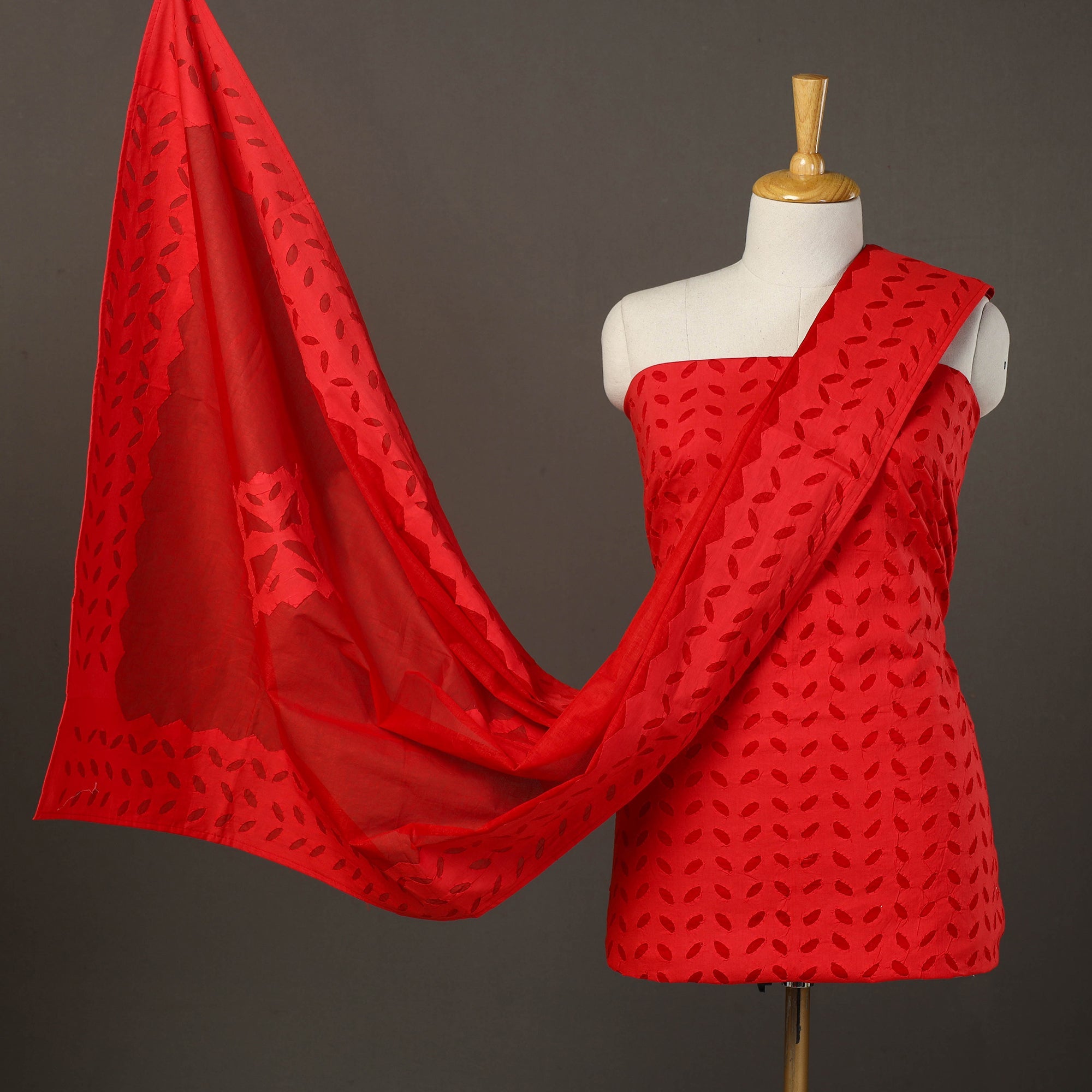 SHADES OF MARUDHARA Red - 3pc Cut Work Cotton Barmer Applique Dress Material 16