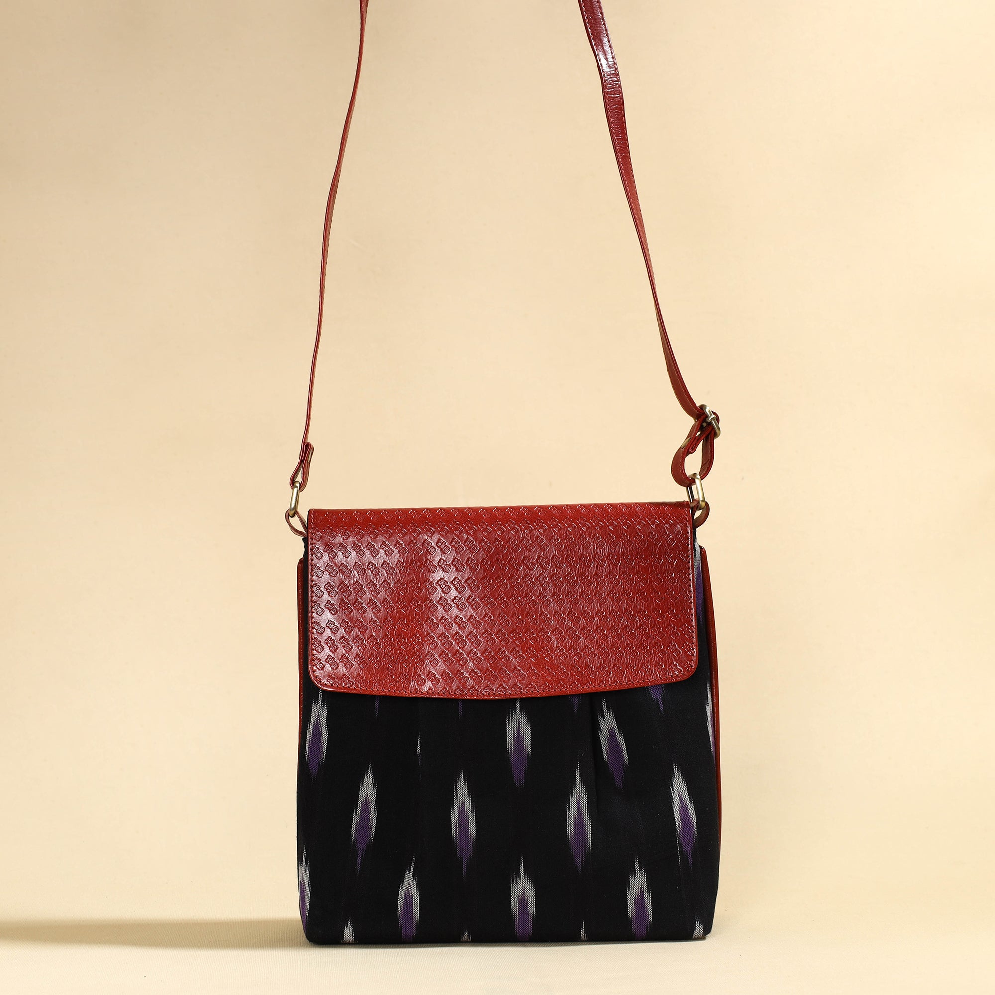 ASALKAAR Black - Handcrafted Ikat Fabric Sling Bag with Embossed Leather Flap