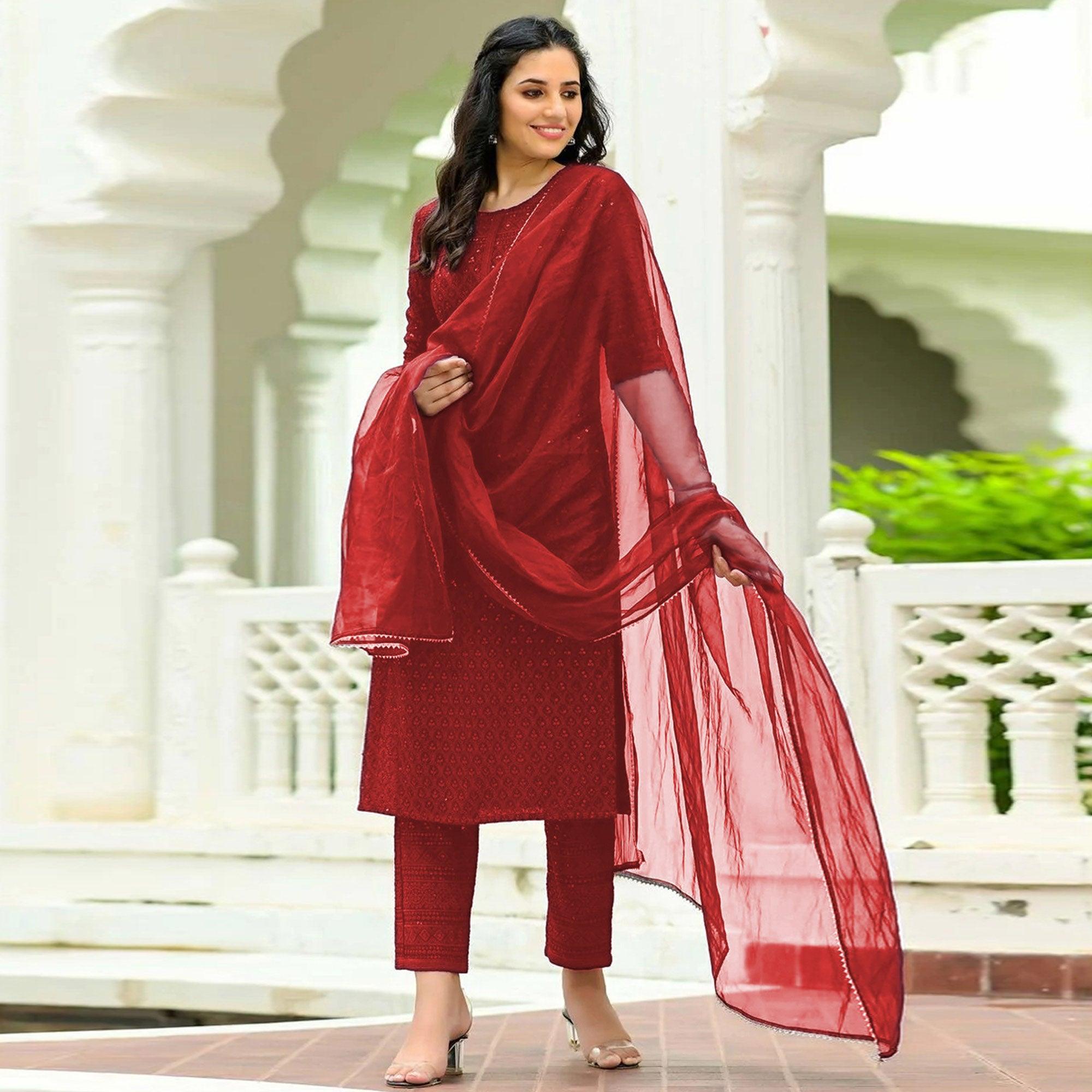 Peachmode Seller Maroon Lucknowi Chikankari Work Rayon Kurti Pant Set With Dupatta