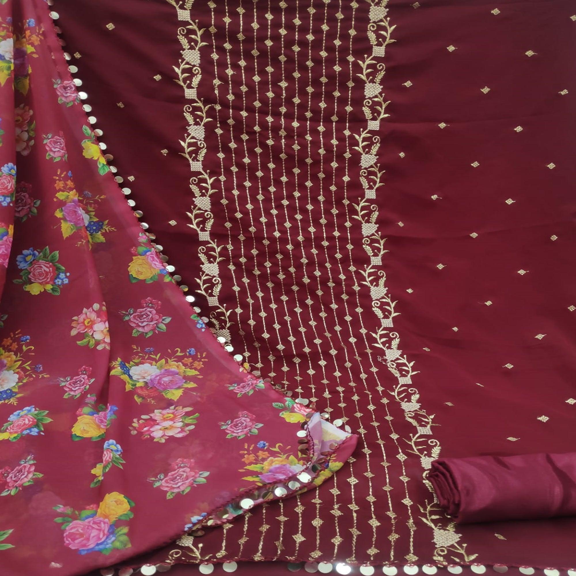 Peachmode Maroon Casual Wear Embroidered Georgette Dress Material - view 2