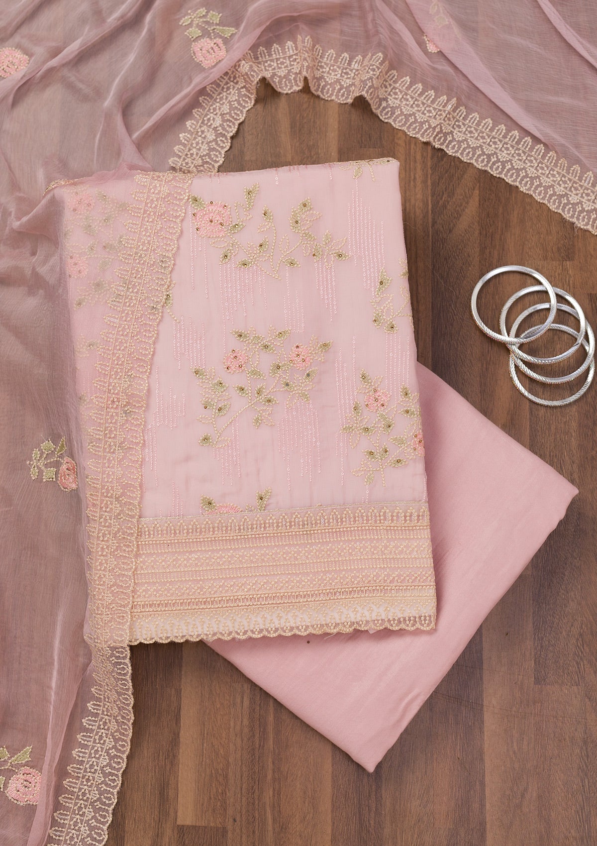 Koskii Pink Threadwork Tissue Unstitched Salwar Suit