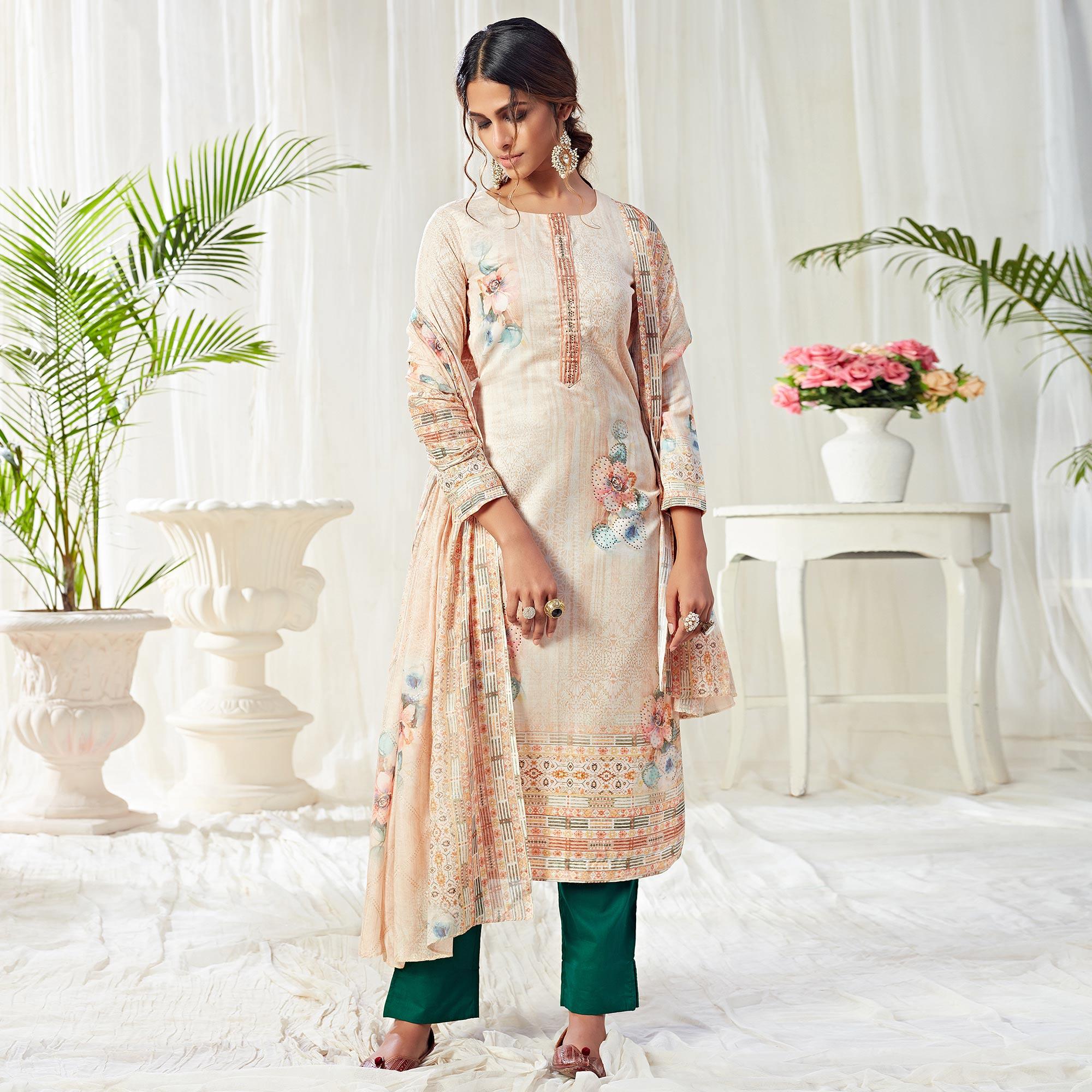 Peachmode Flaunt Beige Colored Partywear Digital Printed Cotton Suit