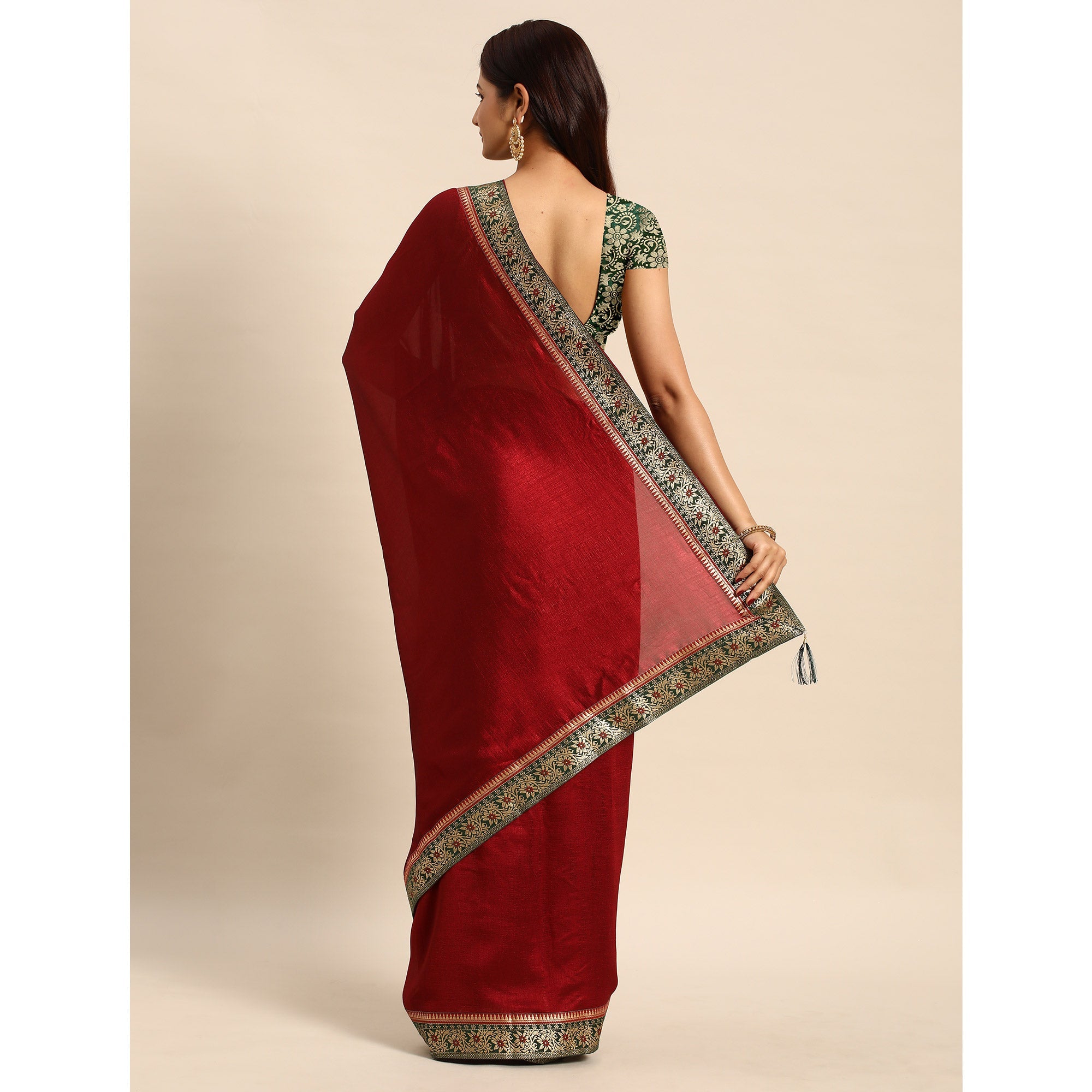 Peachmode Maroon Solid Vichitra Silk Saree With Fancy Border - view 4