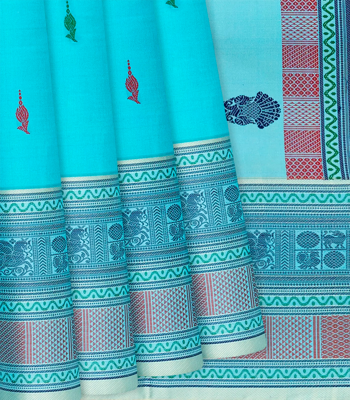 RmKV Sky Blue Handloom Kanchipuram Silk Saree With Floral Buttas-Sky Blue
