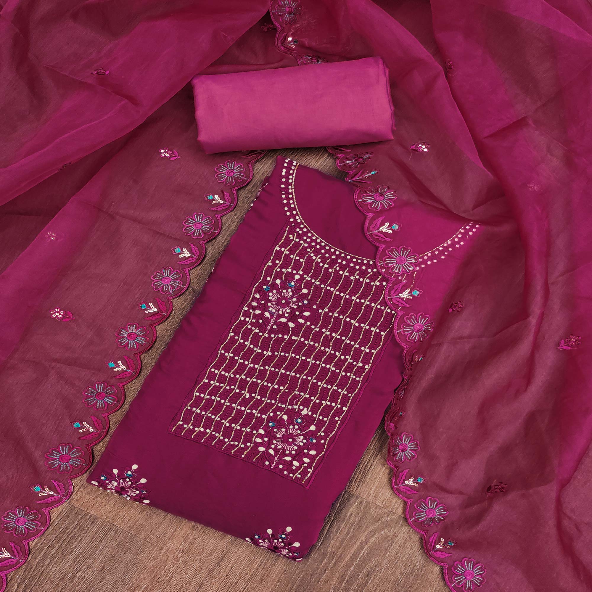 Peachmode Magenta Floral Embroidery With Handwork Roman Cotton Silk Material Material
