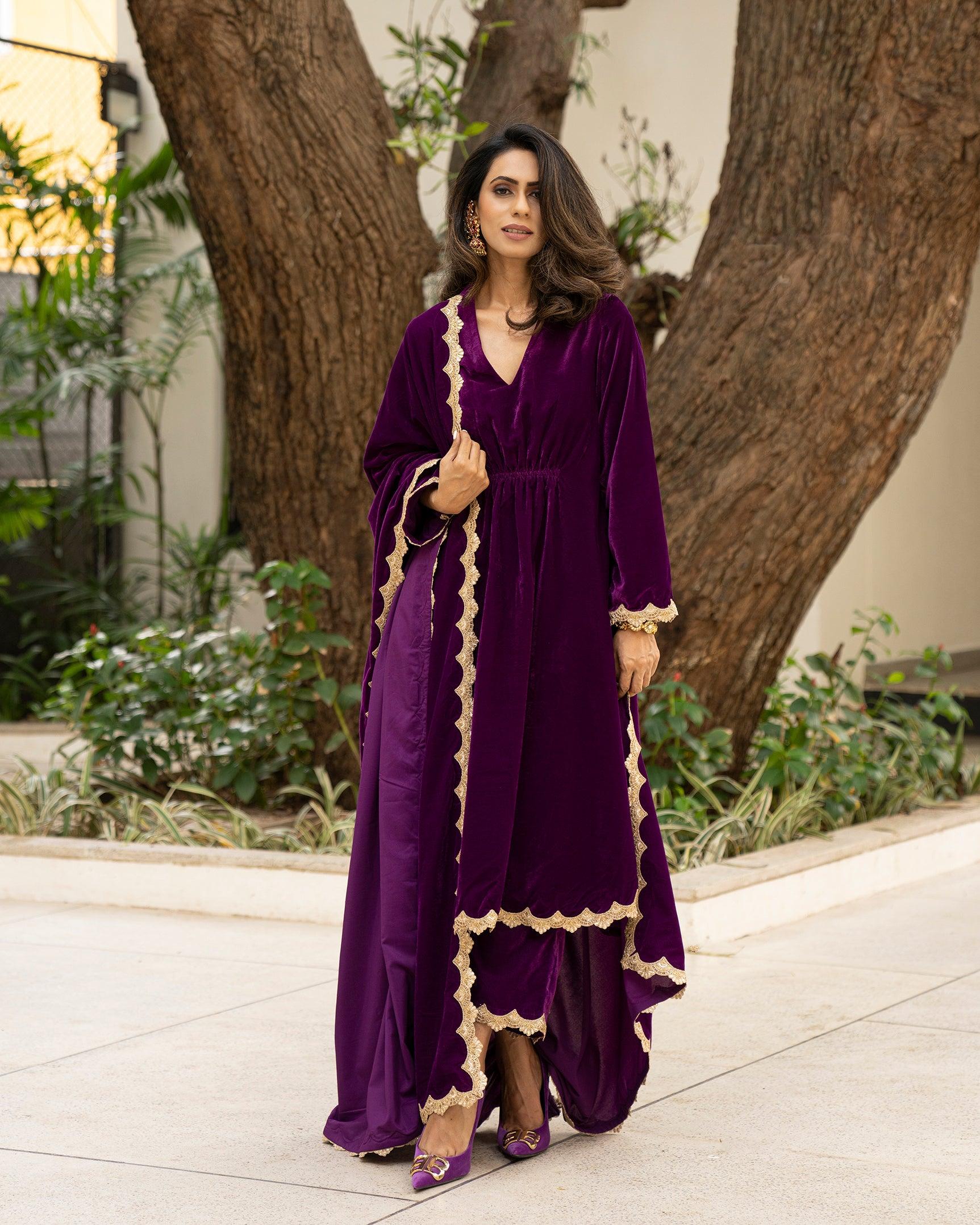 Wine Velvet Lace Kurta Pant Set | Relove - view 2