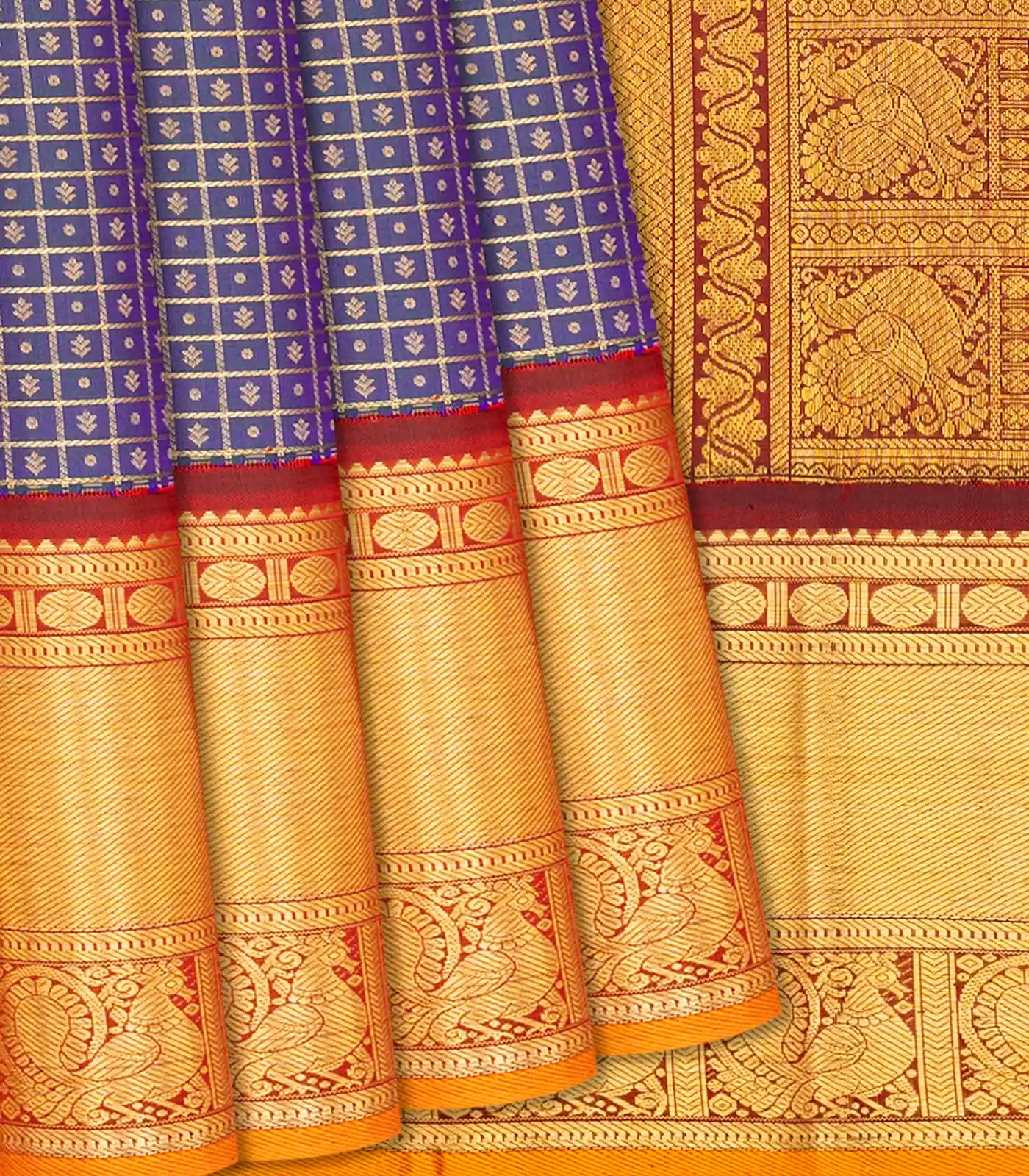 RmKV Lilac Handloom Kanchipuram Korvai Silk Saree With Checks-Multi colour