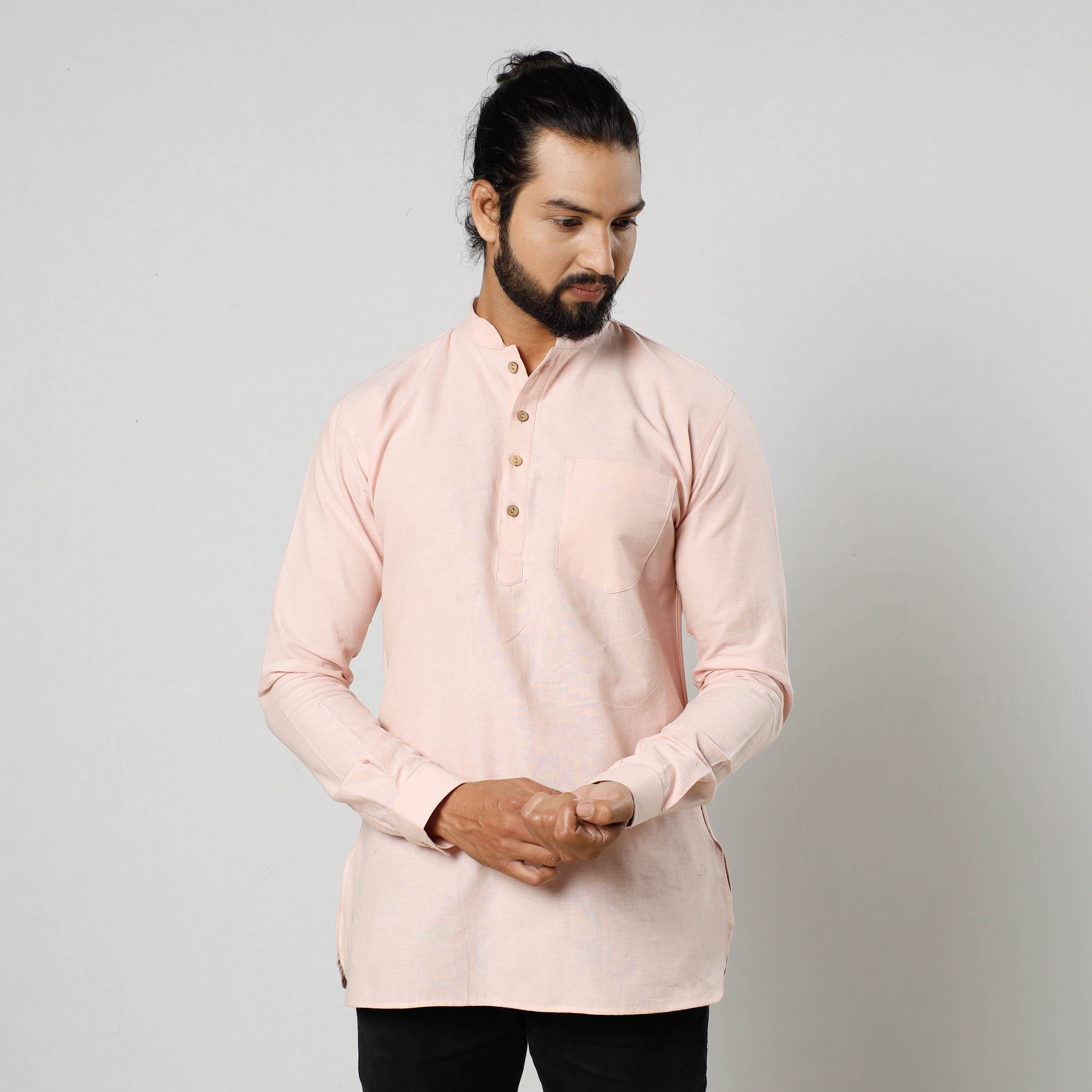 ITOKRI CASUALS Baby Pink Textured Fine Cotton Handloom Men Short Kurta