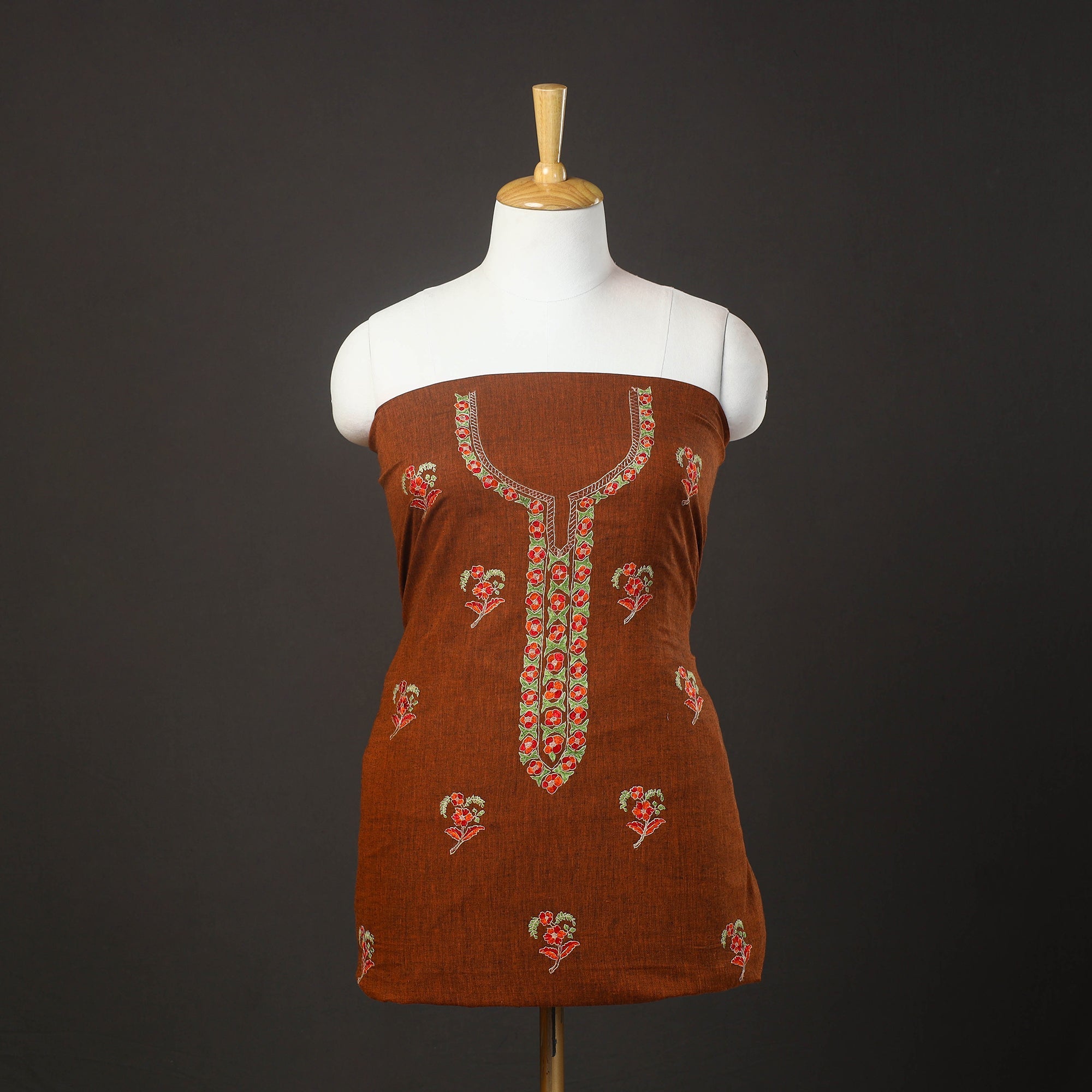 ITOKRI CRAFTS INITIATIVE Brown - Kashida Hand Embroidery Cotton Kurta Material (2.5m) 24