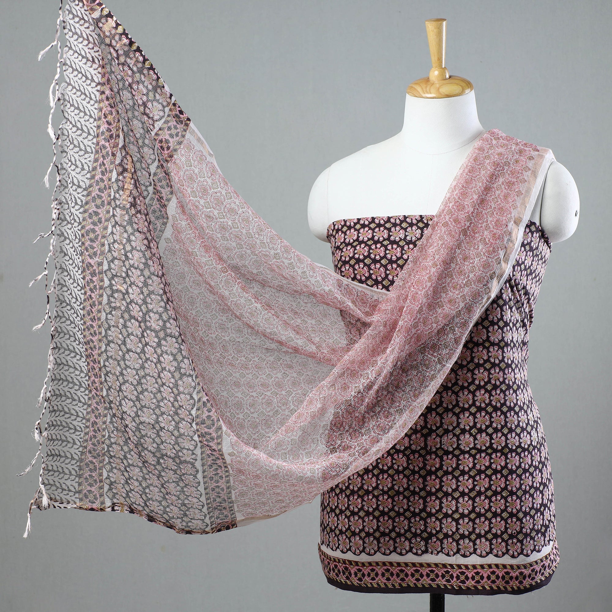 KUSUMLATA 3pc Sanganeri Block Printed Cotton Suit Material with Kota Doria Dupatta 01