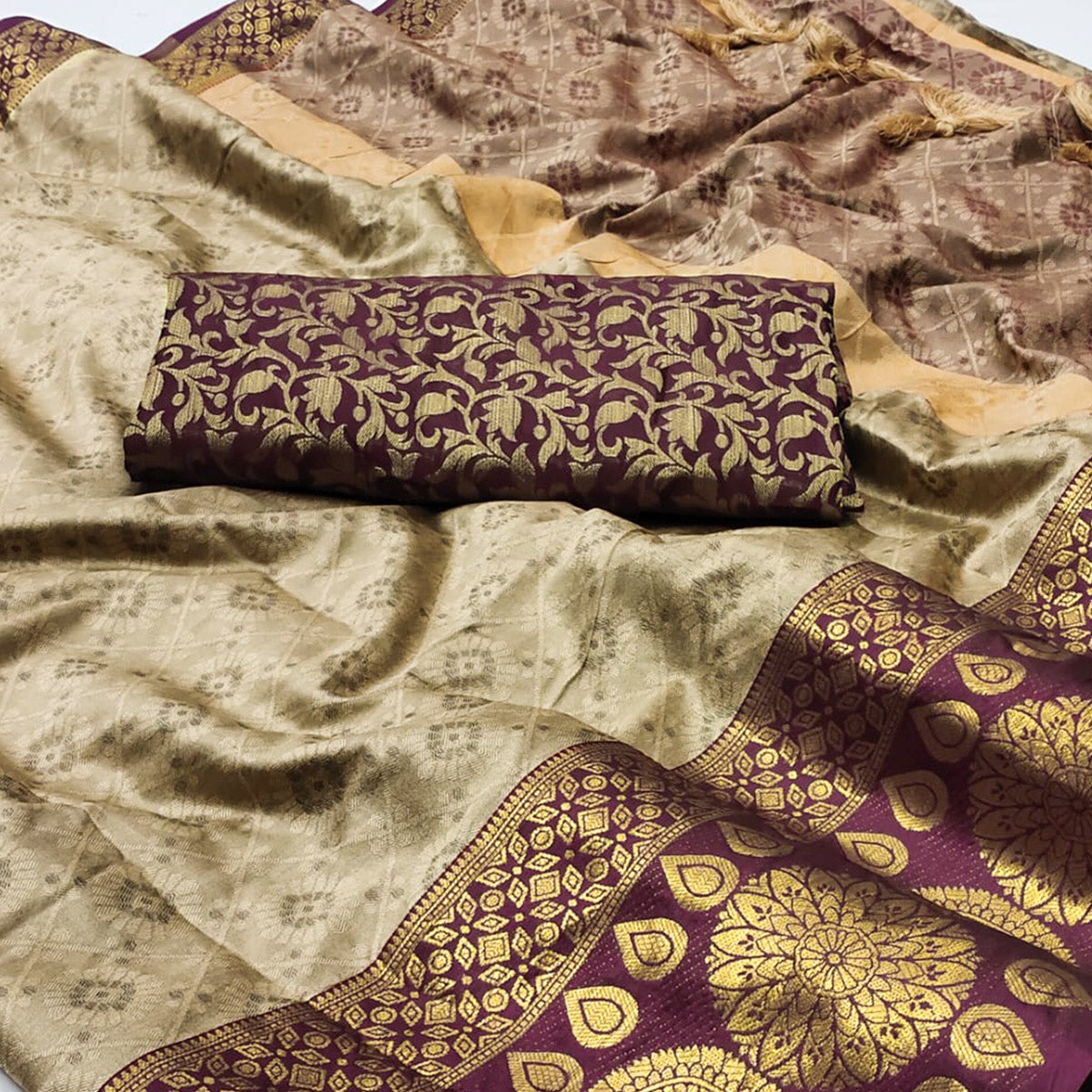 Peachmode Chikoo Woven Cotton Silk Saree With Tassels - view 2